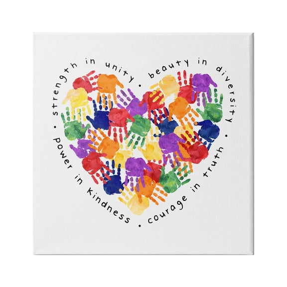 Stupell Industries Strength In Unity Children's Rainbow Handprint Heart Graphic Art Gallery-Wrapped Canvas Print Wall Art, 17x17, by Erica Billups
