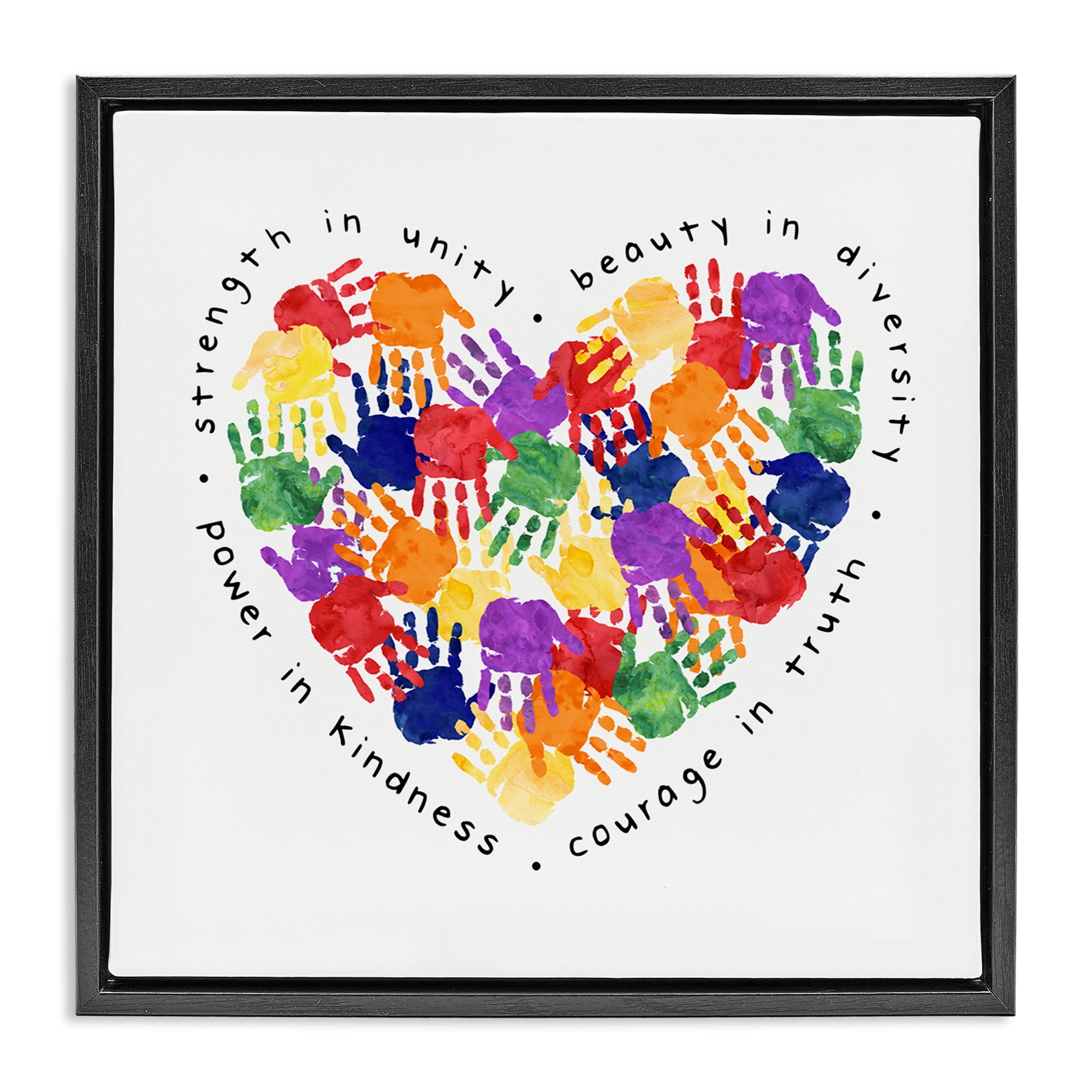 Stupell Industries Strength In Unity Handprint Heart Inspirational Painting Black Floater Framed Canvas Art Print Wall Art, 18 x 18