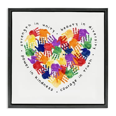 Stupell Industries Strength In Unity Handprint Heart Inspirational Painting Black Floater Framed Canvas Art Print Wall Art, 18 x 18