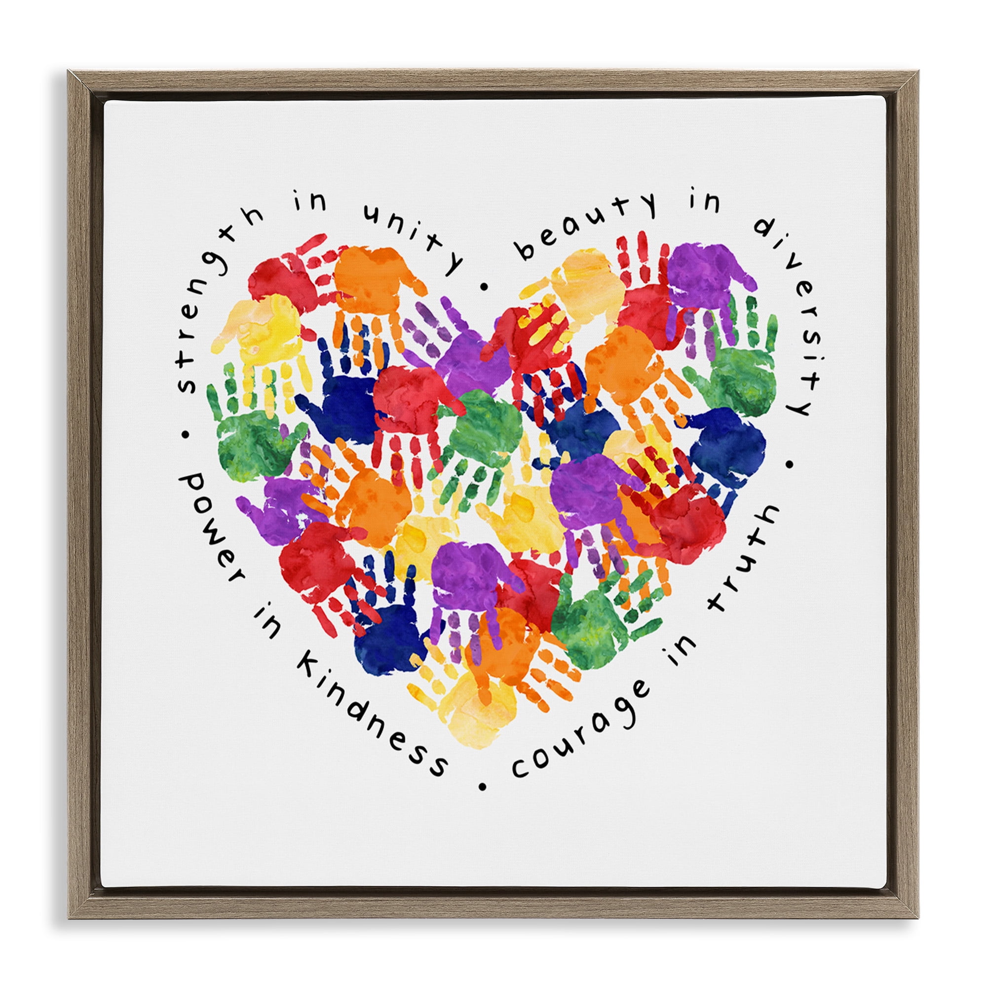 Stupell Industries Strength In Unity Handprint Heart Inspirational Painting Brown Floater Framed Canvas Art Print Wall Art, 18 x 18