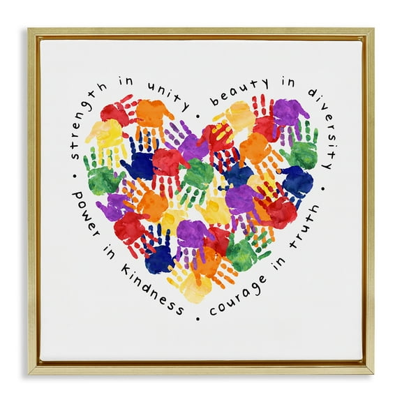 Stupell Industries Strength In Unity Handprint Heart Inspirational Painting Gold Floater Framed Canvas Art Print Wall Art, 25 x 25