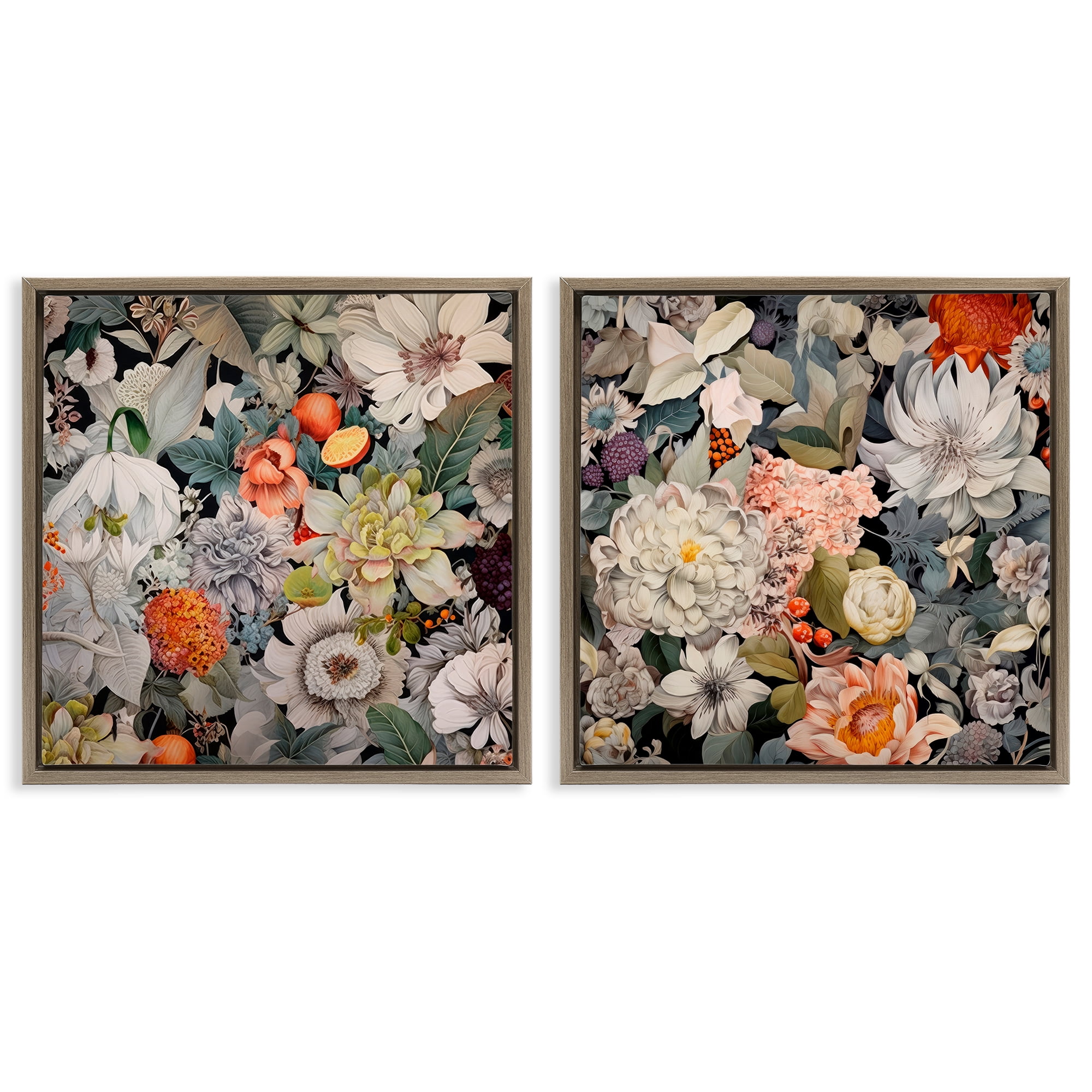 Stupell Industries Striking Botanical Floral Plants & Flowers Painting Brown Floater Framed Canvas Art Print Wall Art, 25 x 25, Set of 2