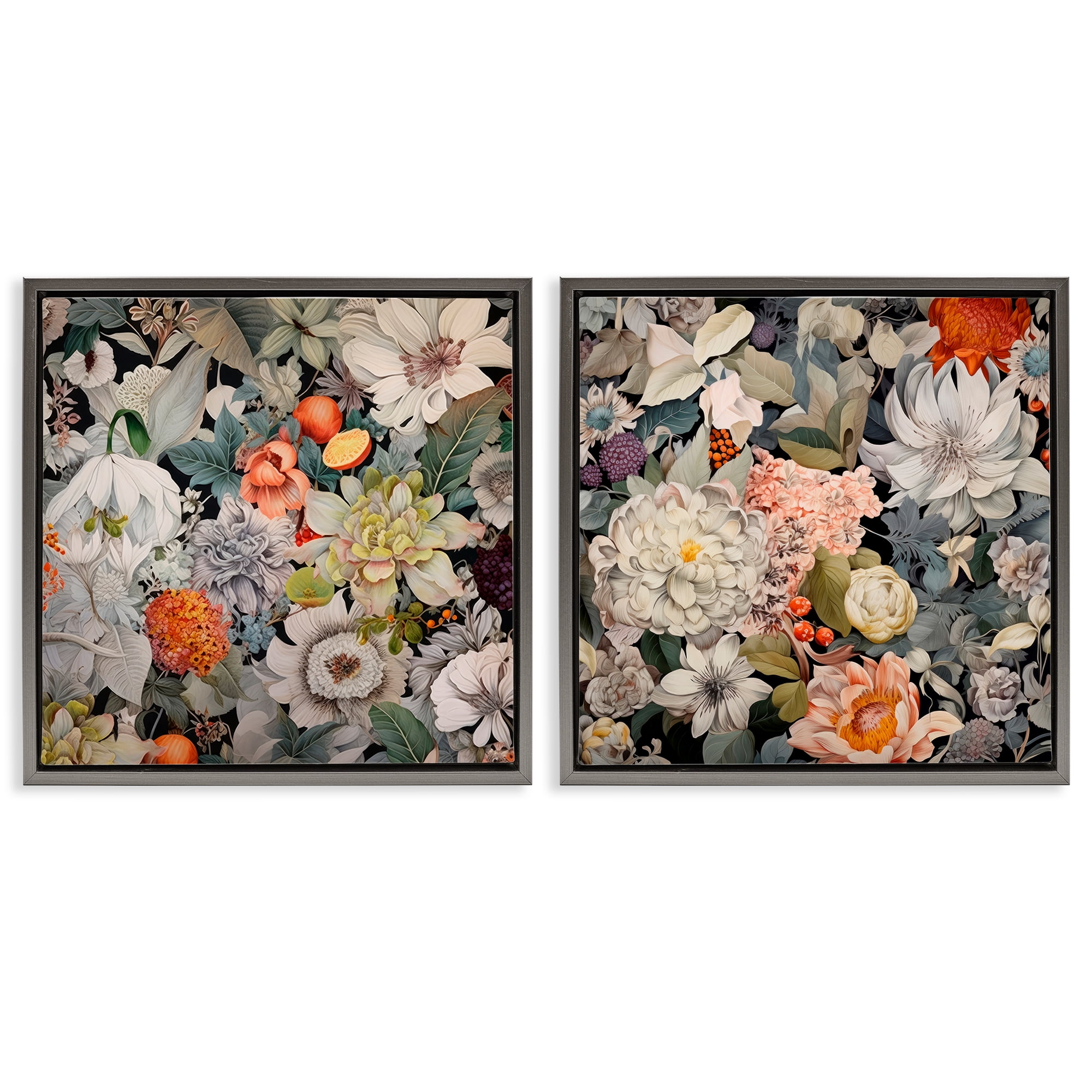 Stupell Industries Striking Botanical Floral Plants & Flowers Painting Gray Floater Framed Canvas Art Print Wall Art, 18 x 18, Set of 2