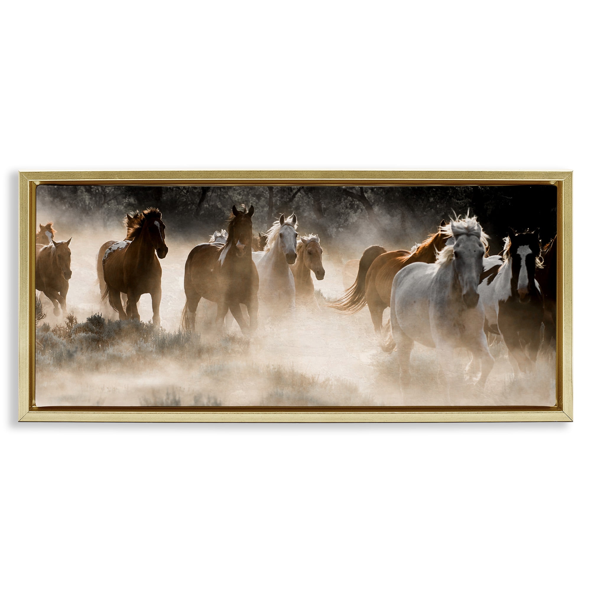 Stupell Industries Striking Horse Herd Galloping Animals & Insects Photography Gold Floater Framed Canvas Art Print Wall Art, 31 x 14