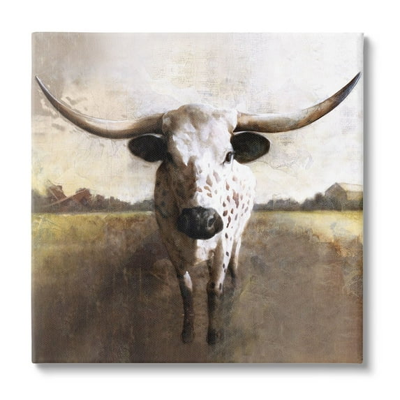 Stupell Industries Striking Longhorn Cattle Warm Sunlight Farmland Grass Canvas Wall Art, 17 x 17, Design by White Ladder