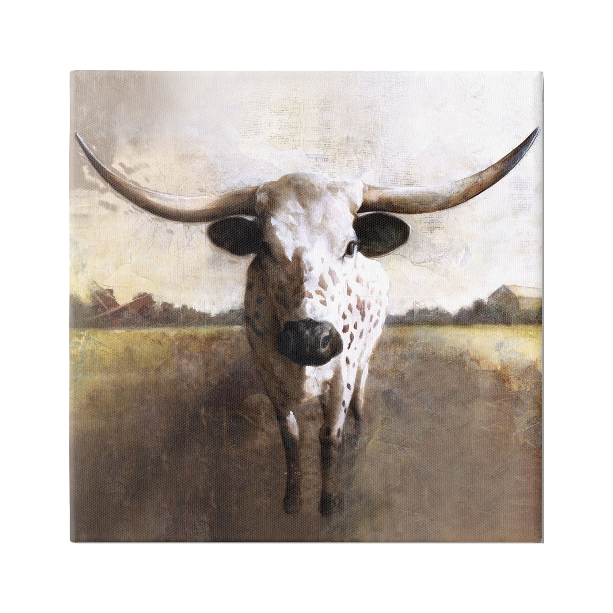 Striking Longhorn Cattle Warm Sunlight Farmland Grass Animals & Insects Painting Gallery-Wrapped Canvas Print Wall Art