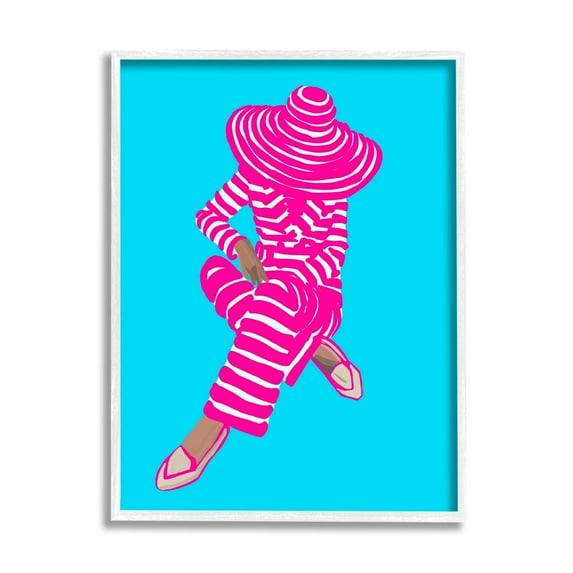 Stupell Industries Stripe Pattern Pop Style Fashion Woman Sitting Graphic Art White Framed Art Print Wall Art, Design by Amelia Noyes