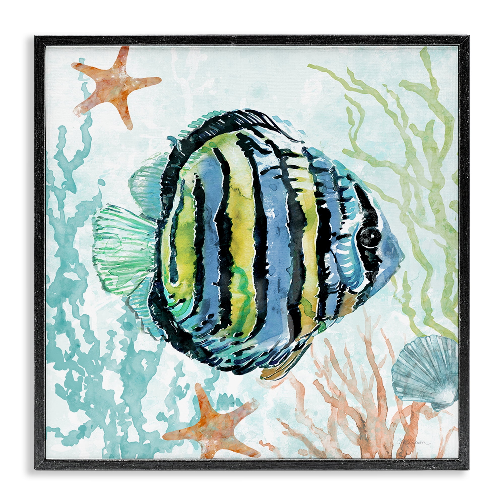 Stupell Industries Striped Angel Fish Animals Painting Black Framed Art Print Wall Art, 17 x 17