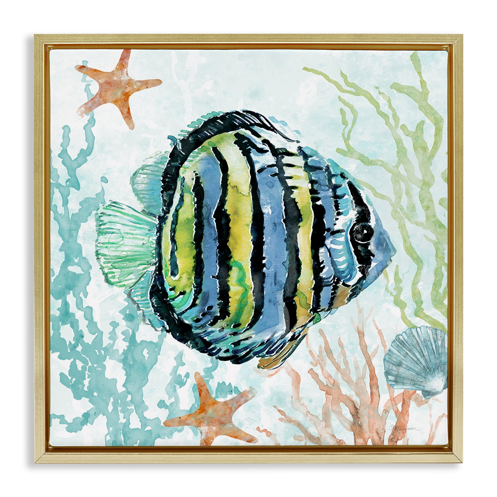 Stupell Industries Striped Angel Fish Animals Painting Gold Floater Framed Canvas Art Print Wall Art, 18 x 18