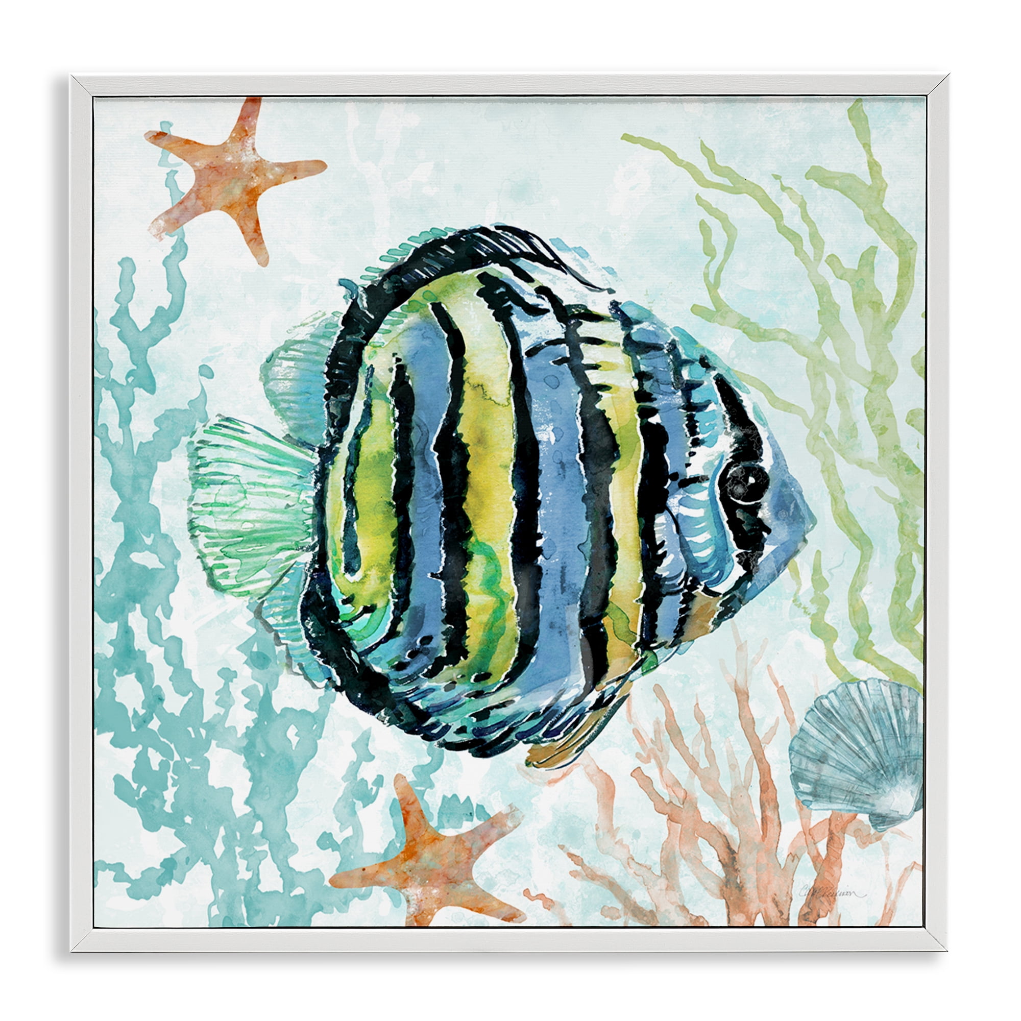 Stupell Industries Striped Angel Fish Animals Painting White Framed Art Print Wall Art, 17 x 17