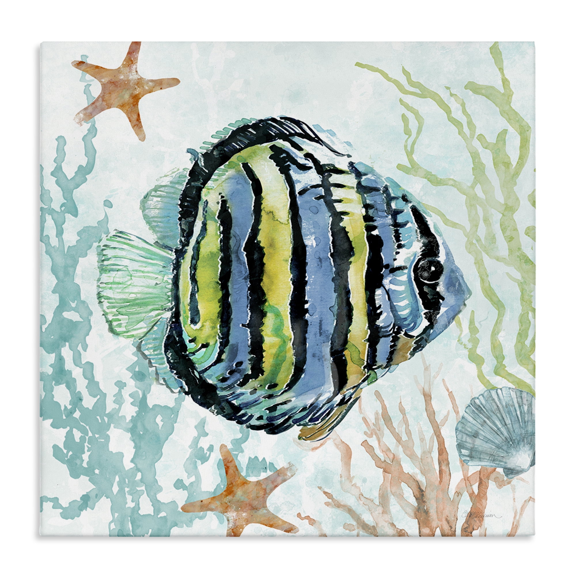 Stupell Industries Striped Angel Fish Animals Painting Wrapped Canvas Art Print Wall Art, 24 x 24