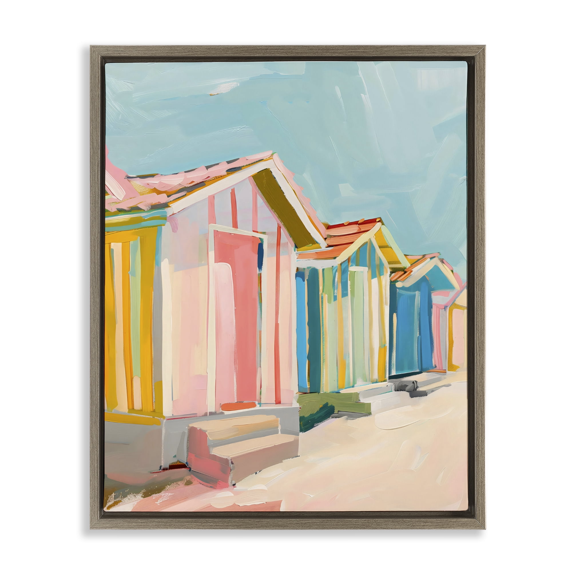 Stupell Industries Striped Beach Bungalows Brown Framed Floater Canvas Wall Art, design by The Prints Vibe