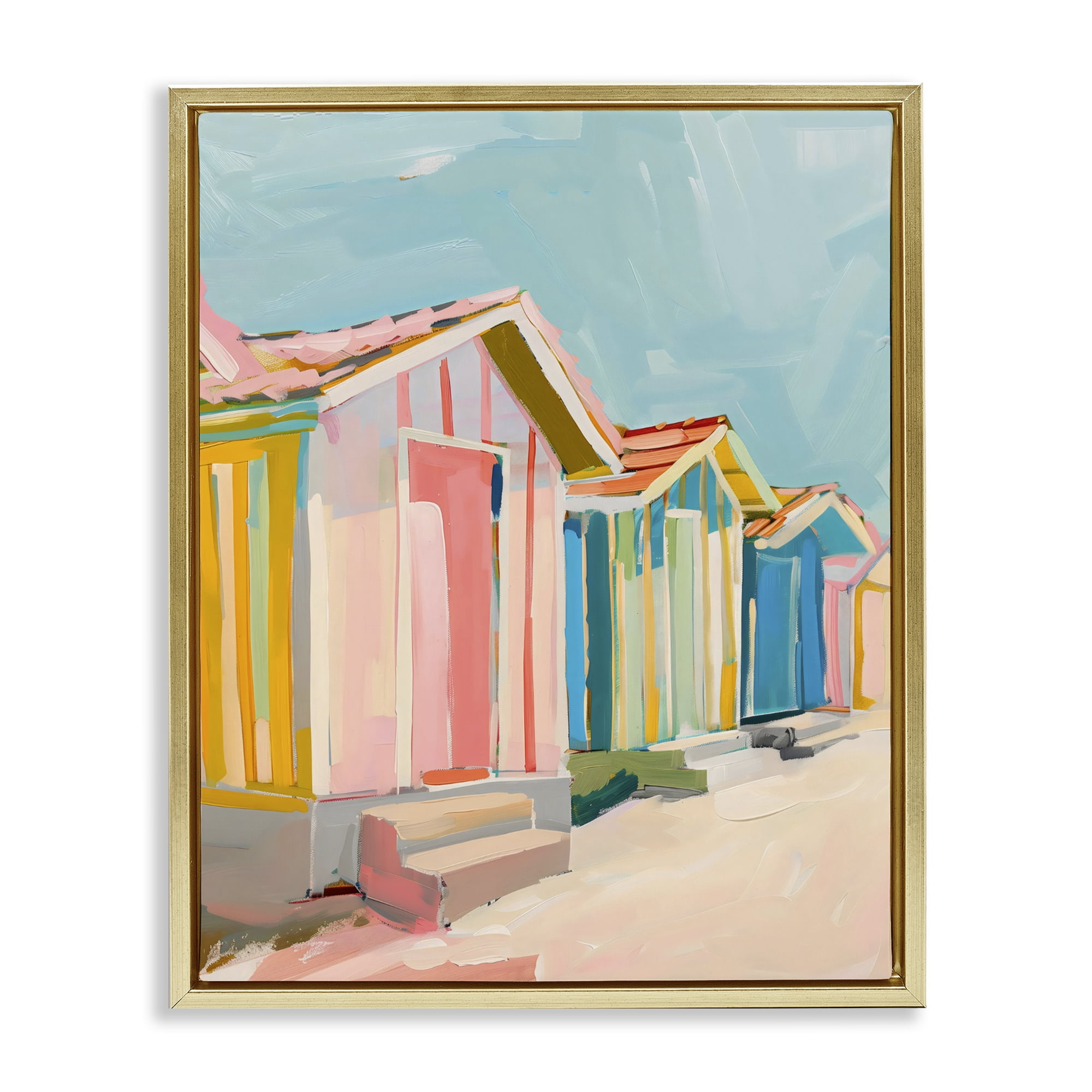 Stupell Industries Striped Beach Bungalows Gold Framed Floater Canvas Wall Art, design by The Prints Vibe