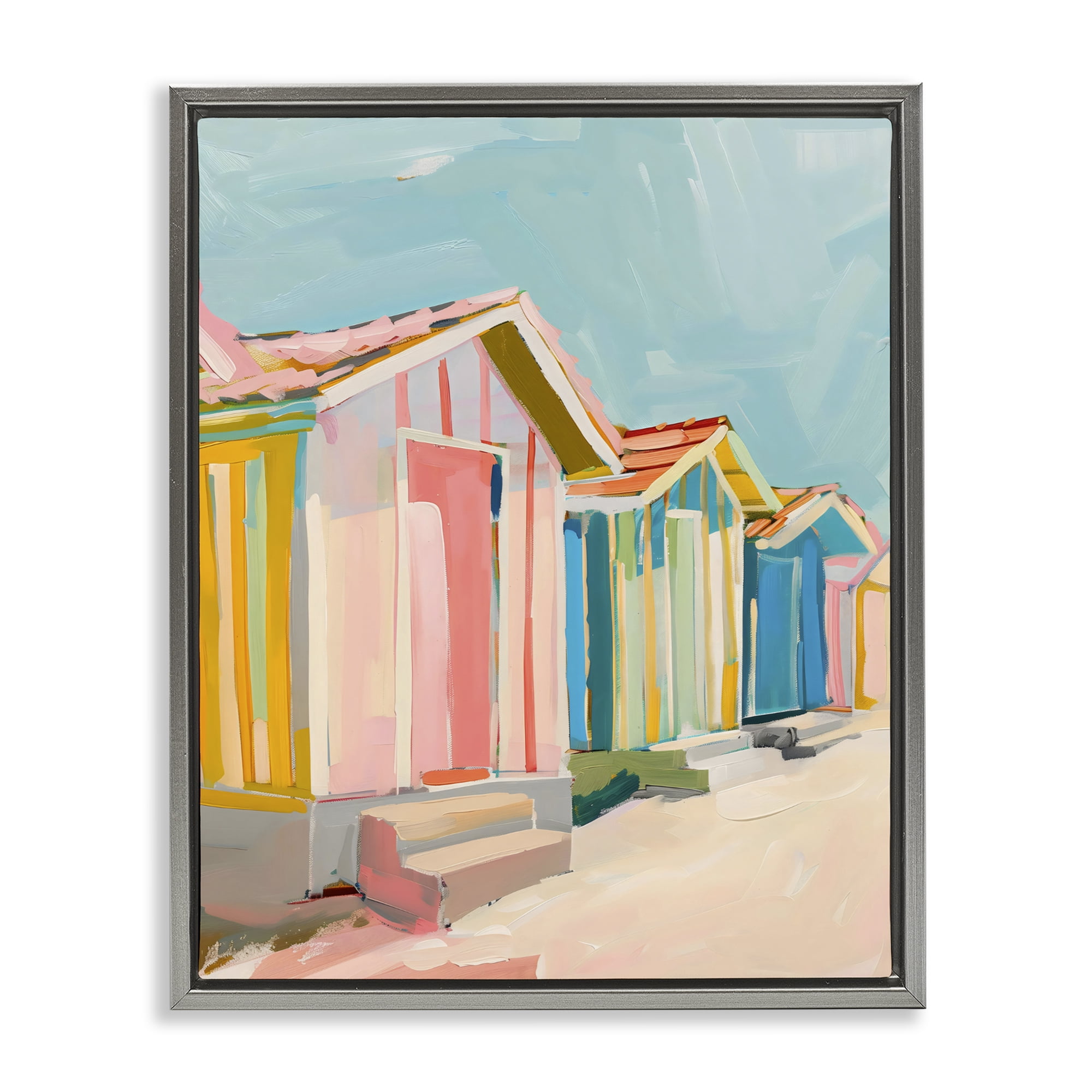 Stupell Industries Striped Beach Bungalows Gray Framed Floater Canvas Wall Art, design by The Prints Vibe