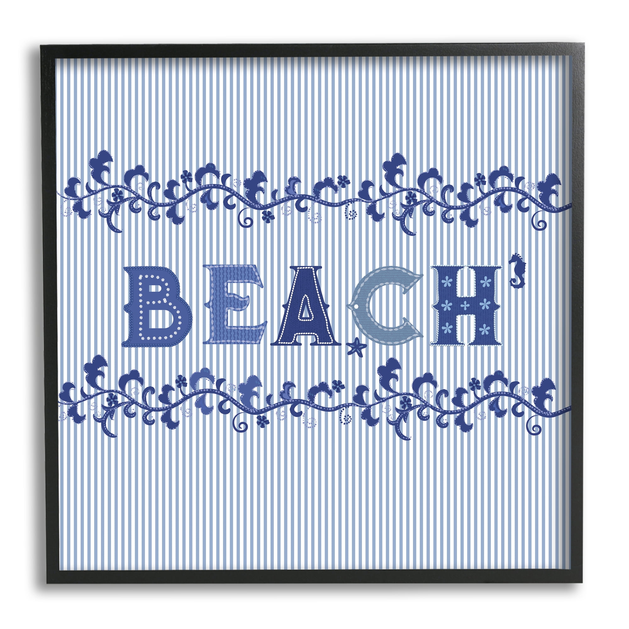 Stupell Industries Striped Beach Letters Botanical & Floral Painting Black Framed Art Print Wall Art, 24 x 24