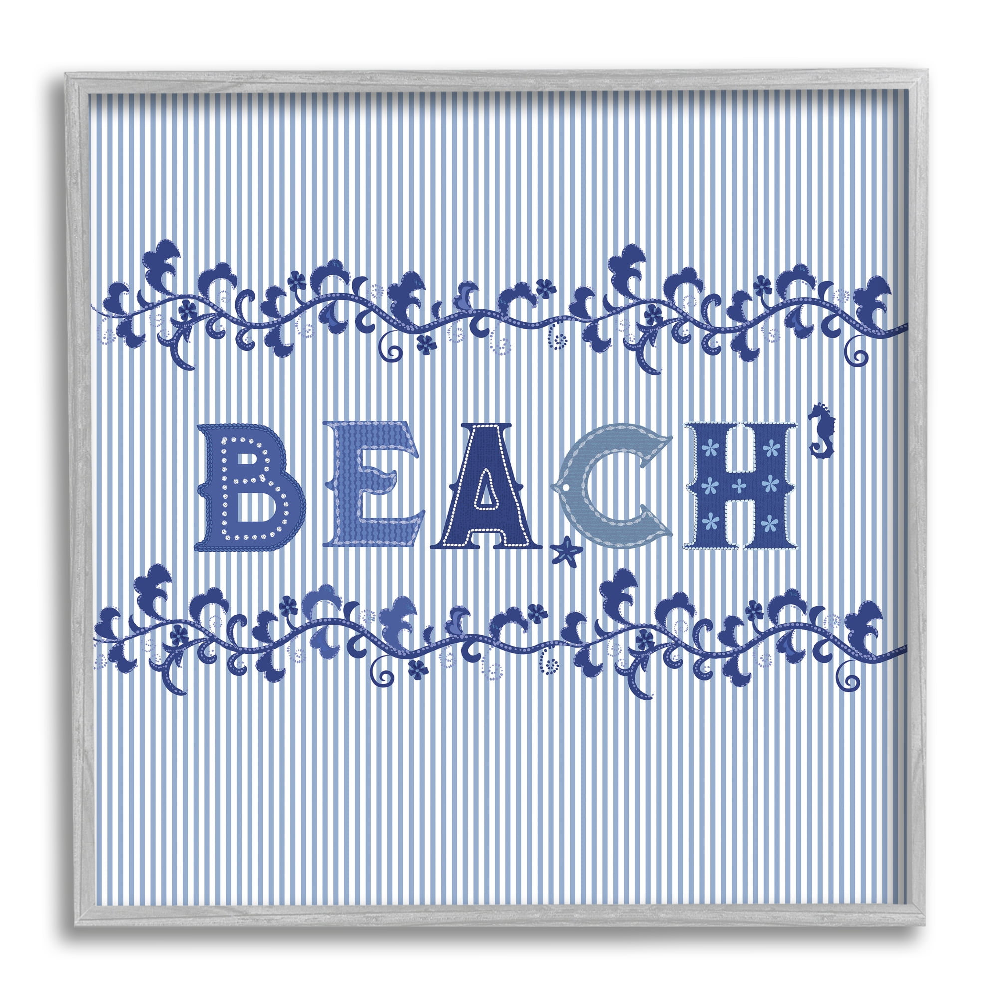 Stupell Industries Striped Beach Letters Botanical & Floral Painting Gray Framed Art Print Wall Art, 12 x 12