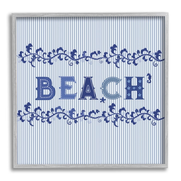 Stupell Industries Striped Beach Letters Botanical & Floral Painting Gray Framed Art Print Wall Art, 12 x 12