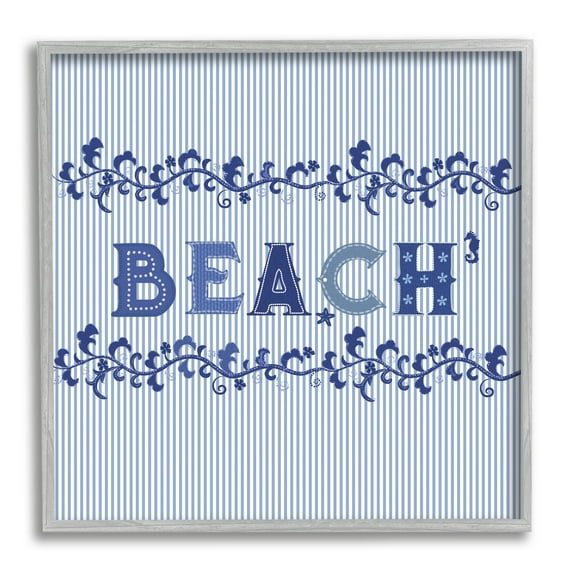 Stupell Industries Striped Beach Letters Botanical & Floral Painting Gray Framed Art Print Wall Art, 17 x 17