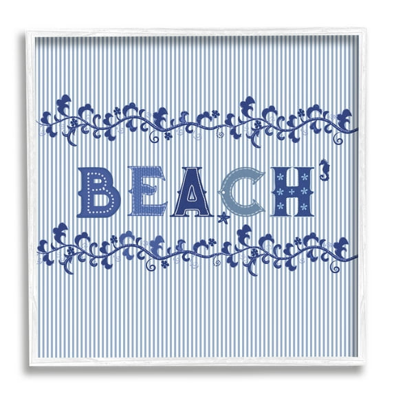 Stupell Industries Striped Beach Letters Botanical & Floral Painting White Framed Art Print Wall Art, 12 x 12
