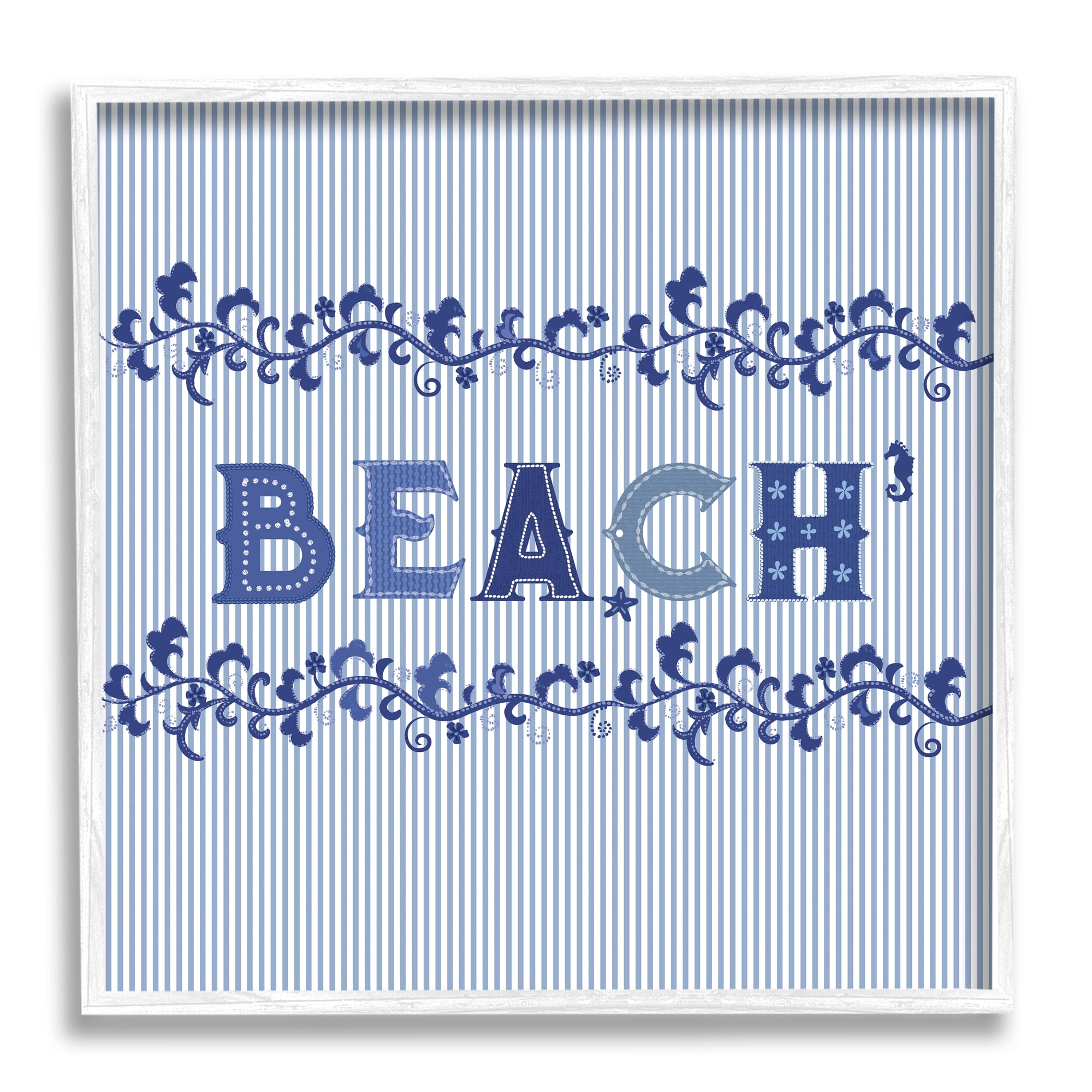 Stupell Industries Striped Beach Letters Botanical & Floral Painting White Framed Art Print Wall Art, 17 x 17