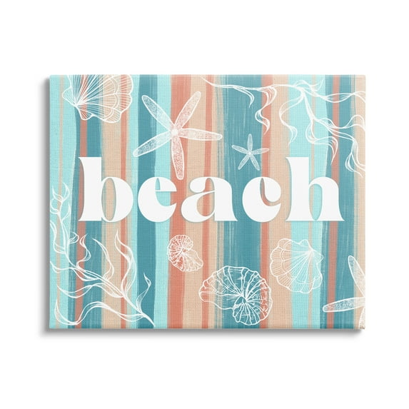 Stupell Industries Striped Beach Sign Various Sea Life Seaweed Coral Graphic Art Gallery Wrapped Canvas Print Wall Art, Design by Ziwei Li