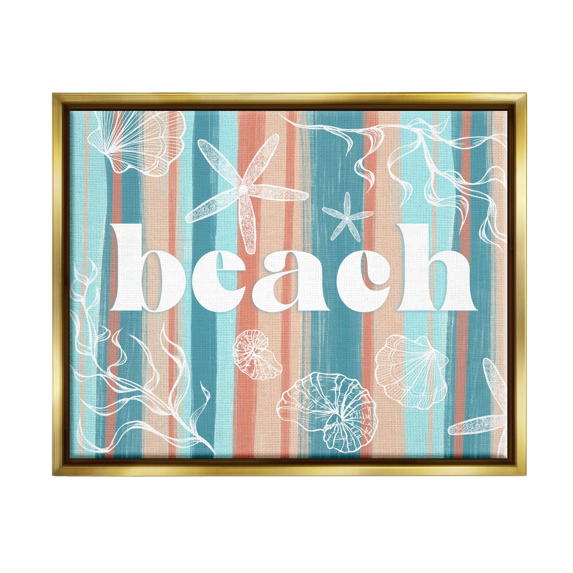 Stupell Industries Striped Beach Sign Various Sea Life Seaweed Coral Graphic Art Metallic Gold Floating Framed Canvas Print Wall Art, Design by Ziwei Li