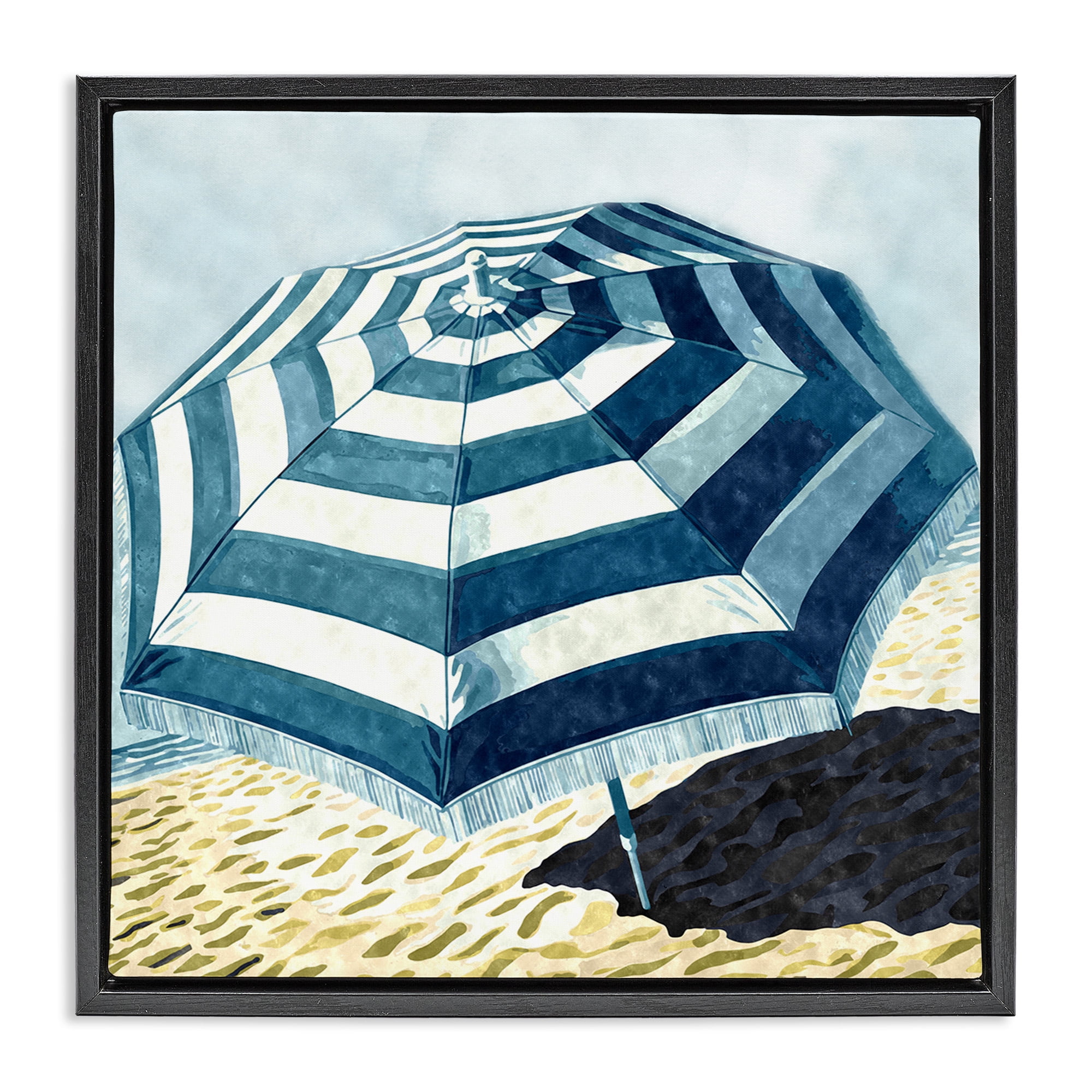Stupell Industries Striped Beach Umbrella Landscape Painting Black Floater Framed Canvas Art Print Wall Art, 25 x 25