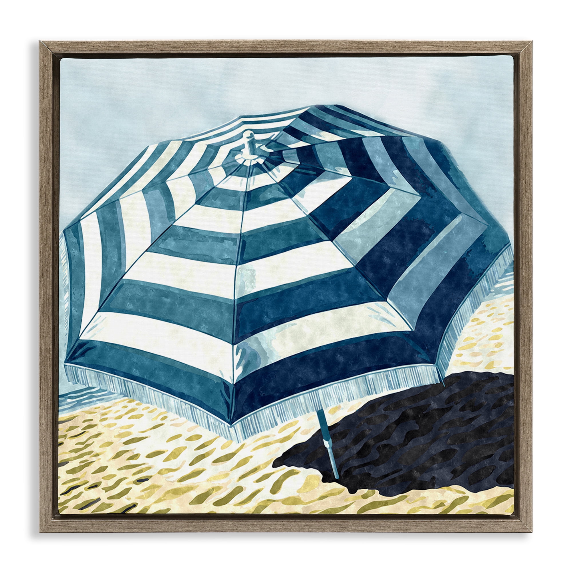 Stupell Industries Striped Beach Umbrella Landscape Painting Brown Floater Framed Canvas Art Print Wall Art, 18 x 18