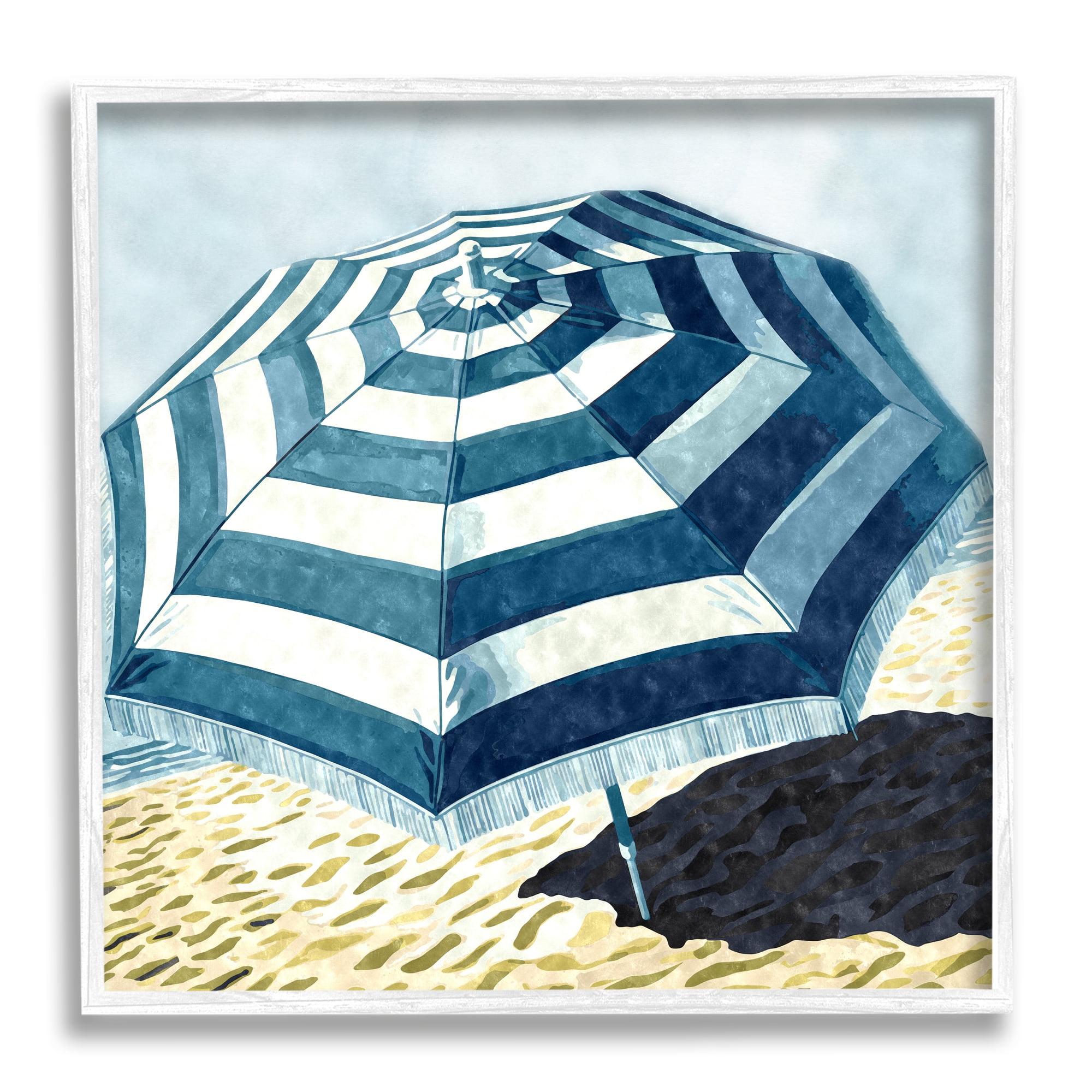 Stupell Industries Striped Beach Umbrella Landscape Painting White Framed Art Print Wall Art, 24 x 24
