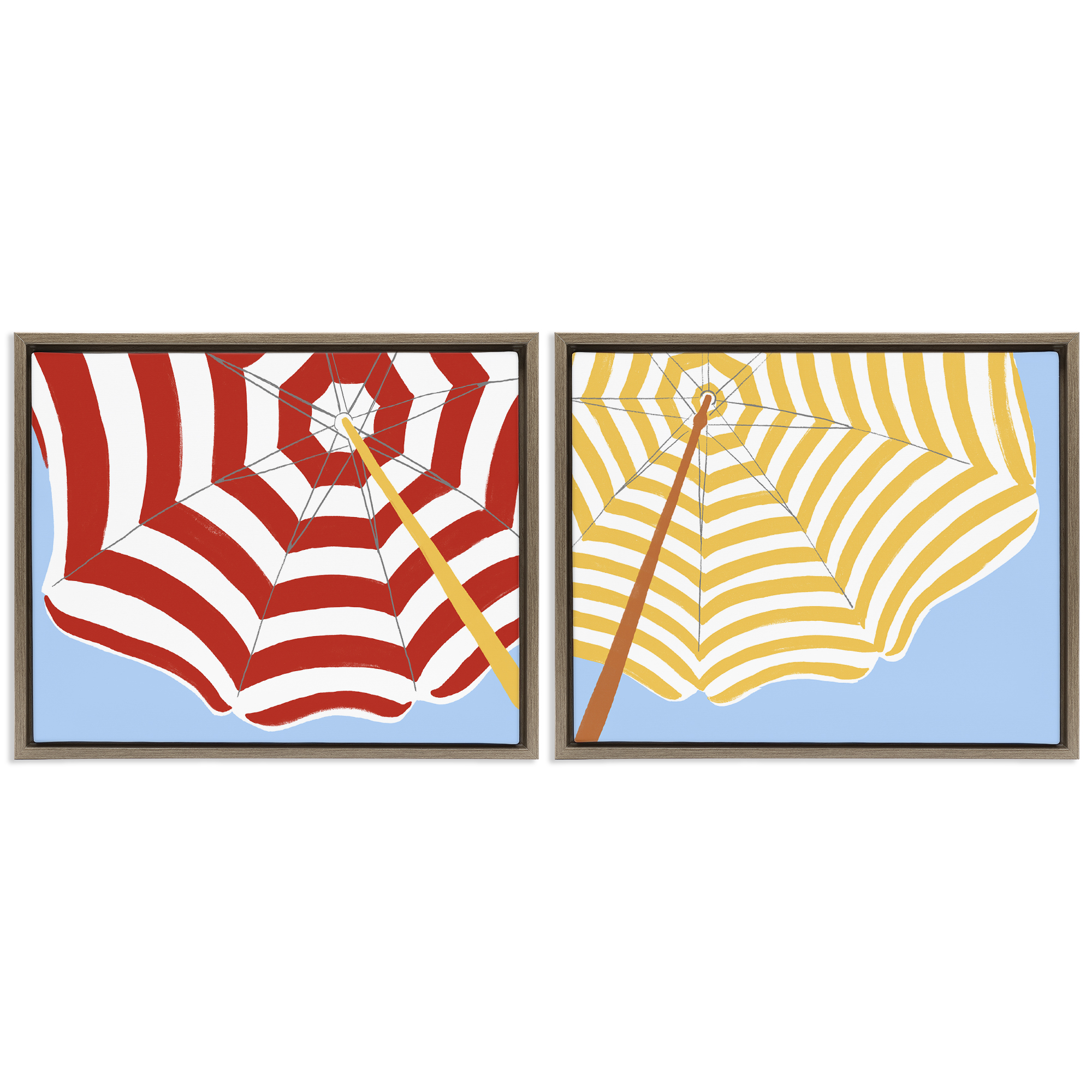 Stupell Industries Striped Beach Umbrella Nautical & Beach Painting Brown Floater Framed Canvas Art Print Wall Art, 31 x 25, Set of 2