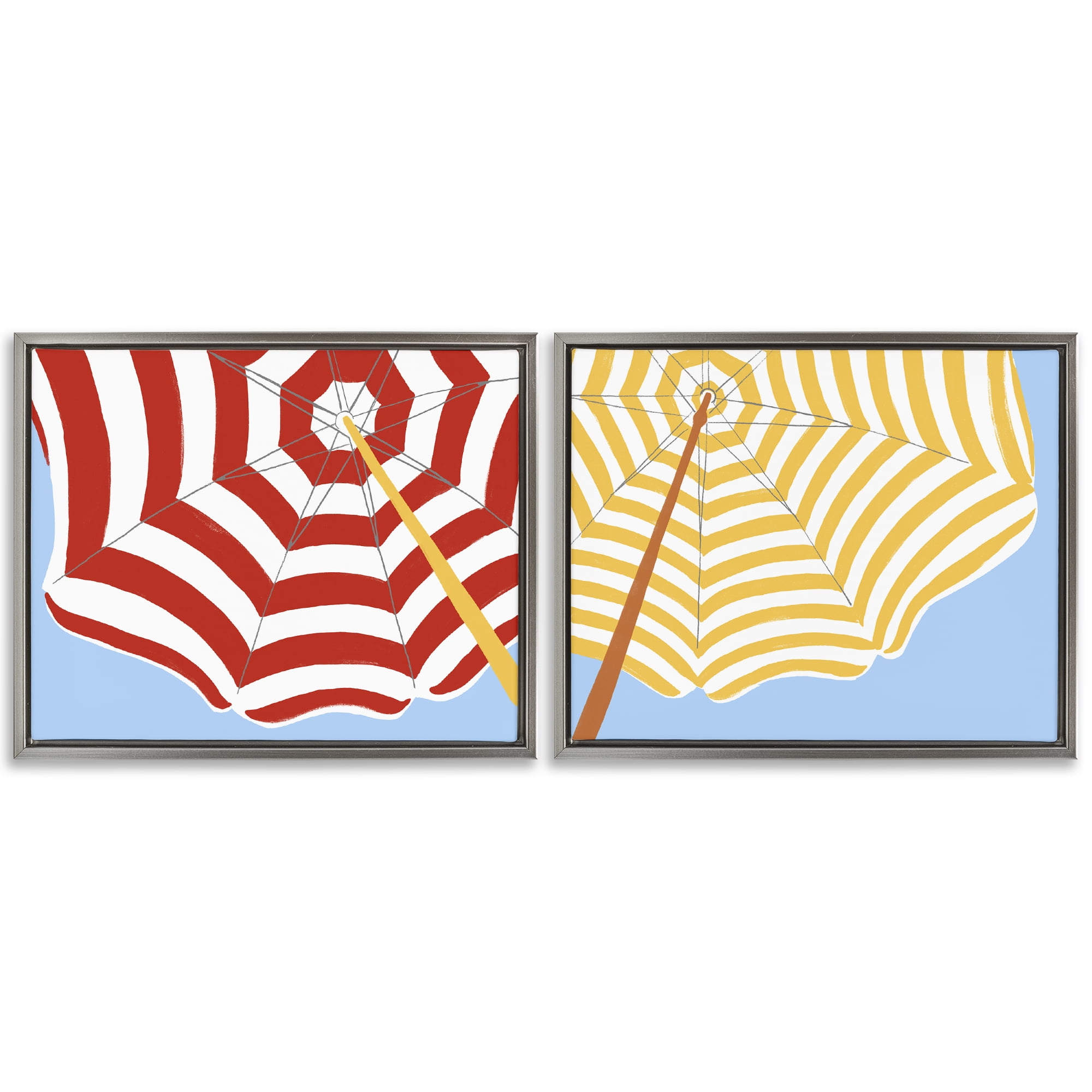 Stupell Industries Striped Beach Umbrella Nautical & Beach Painting Gray Floater Framed Canvas Art Print Wall Art, 31 x 25, Set of 2
