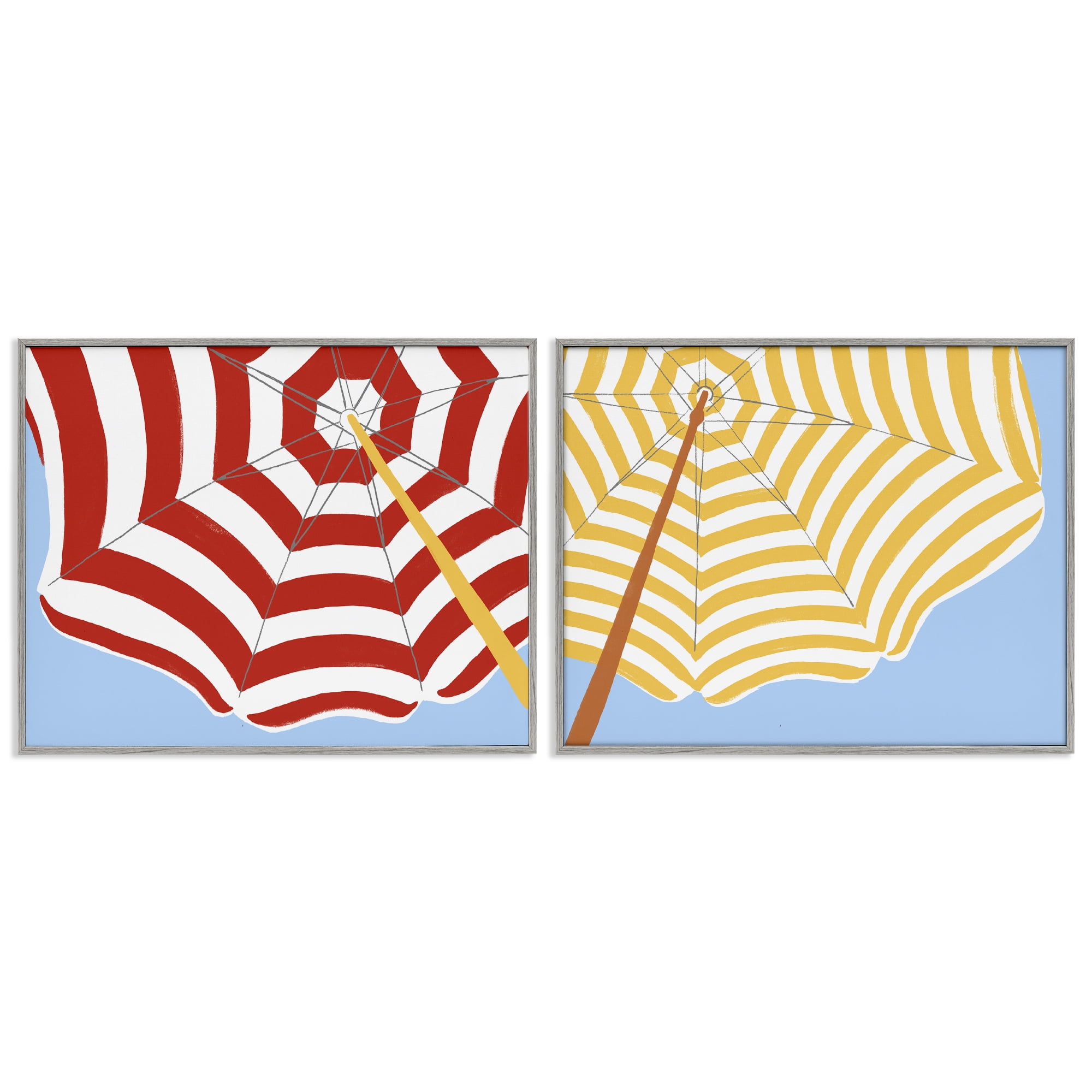 Stupell Industries Striped Beach Umbrella Nautical & Beach Painting Gray Framed Art Print Wall Art, 30 x 24, Set of 2