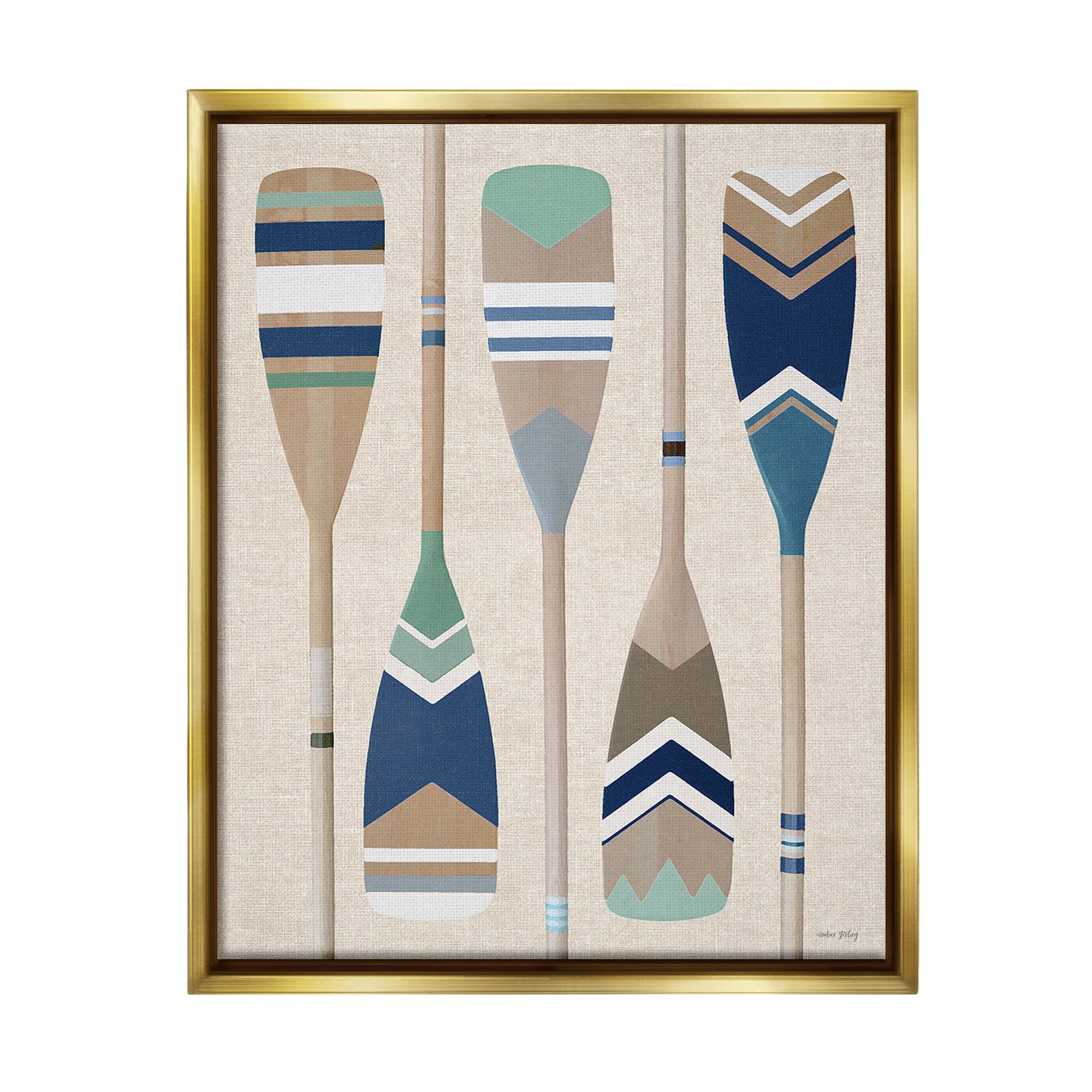 Stupell Industries Striped Boating Oars Nature Painting Gold Floater Framed Canvas Art Print Wall Art, 25 x 31