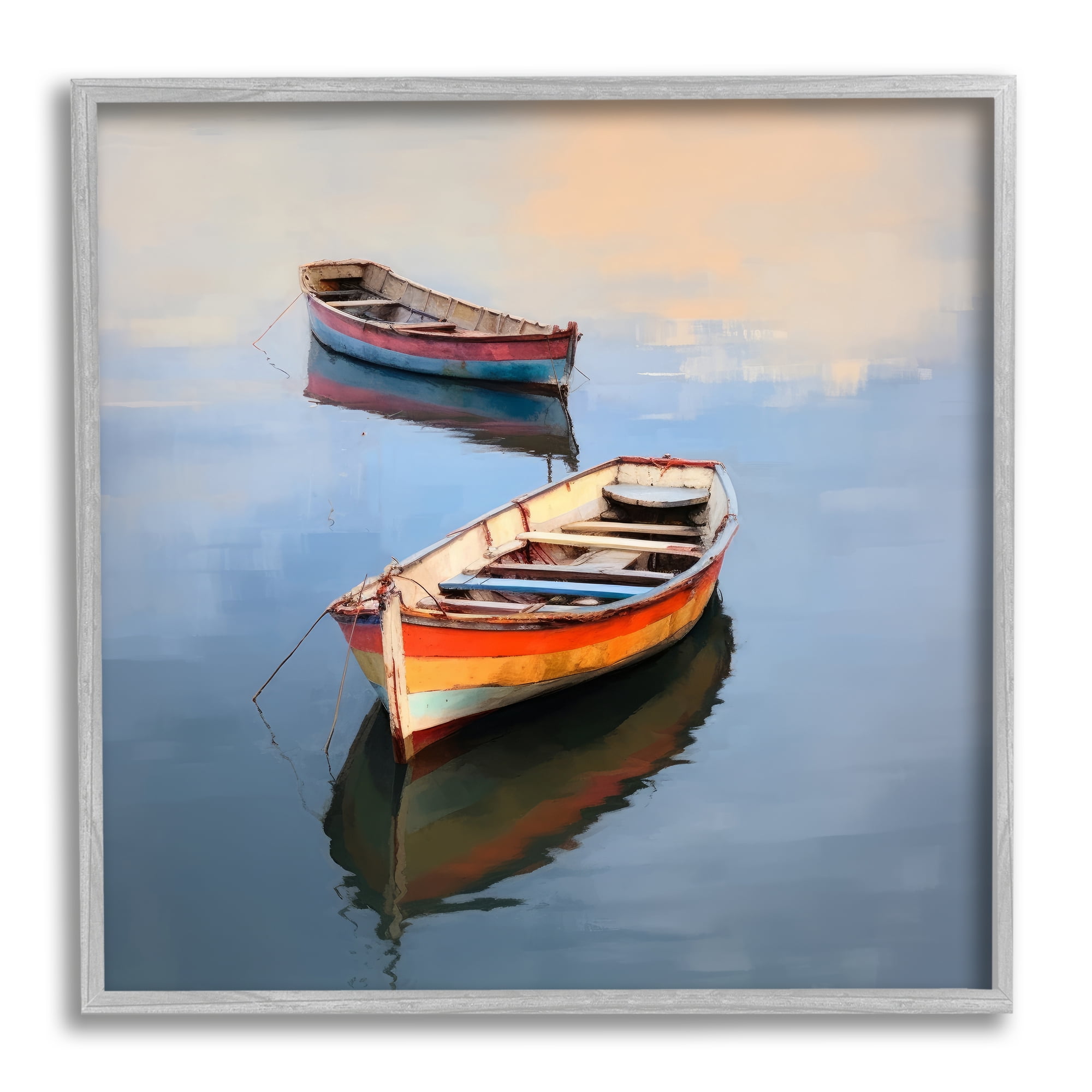 Stupell Industries Striped Boats in Lake Transportation Painting Gray Framed Art Print Wall Art, 24 x 24