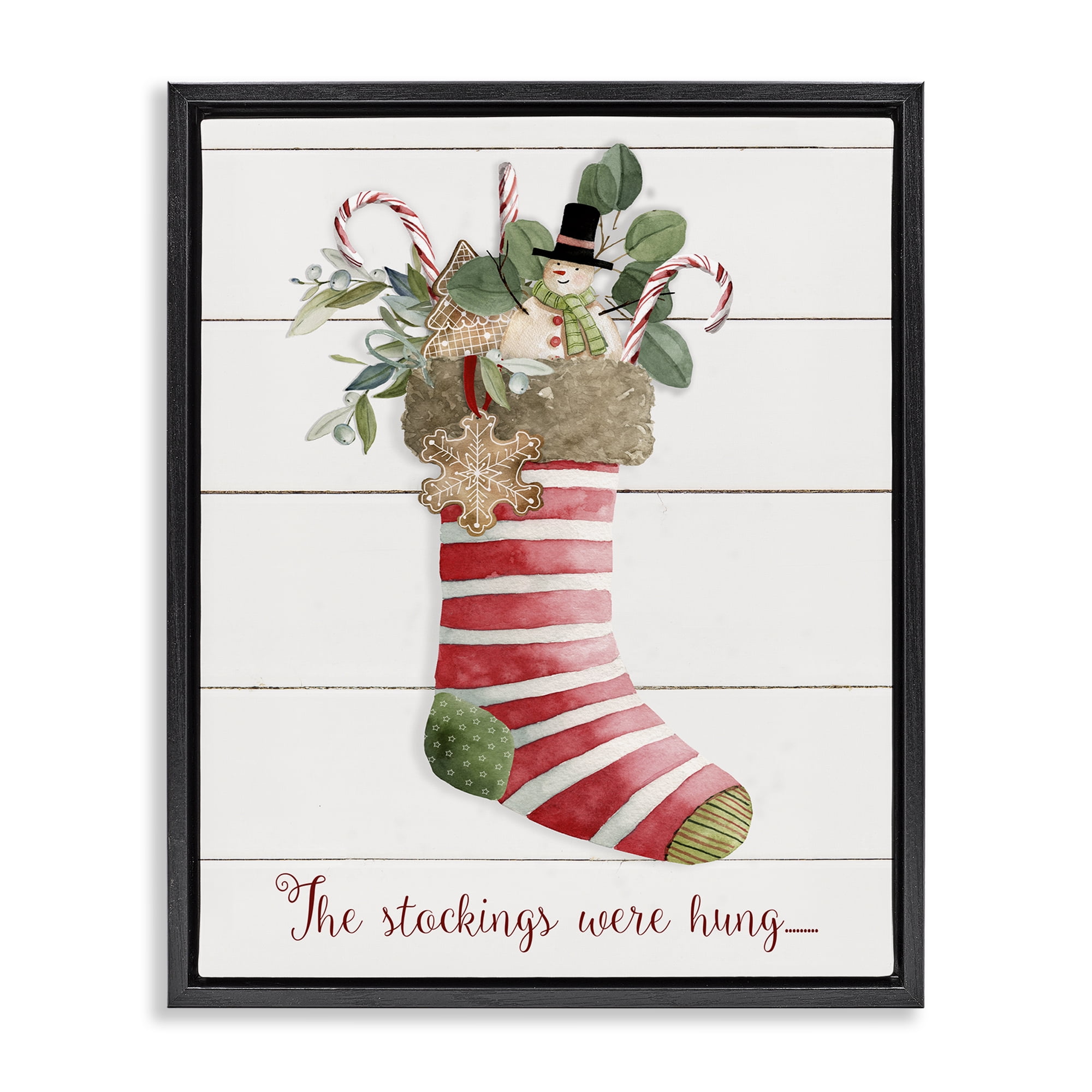 Stupell Industries Striped Christmas Stocking Holiday Painting Black Floater Framed Canvas Art Prints Wall Art, 25 x 31