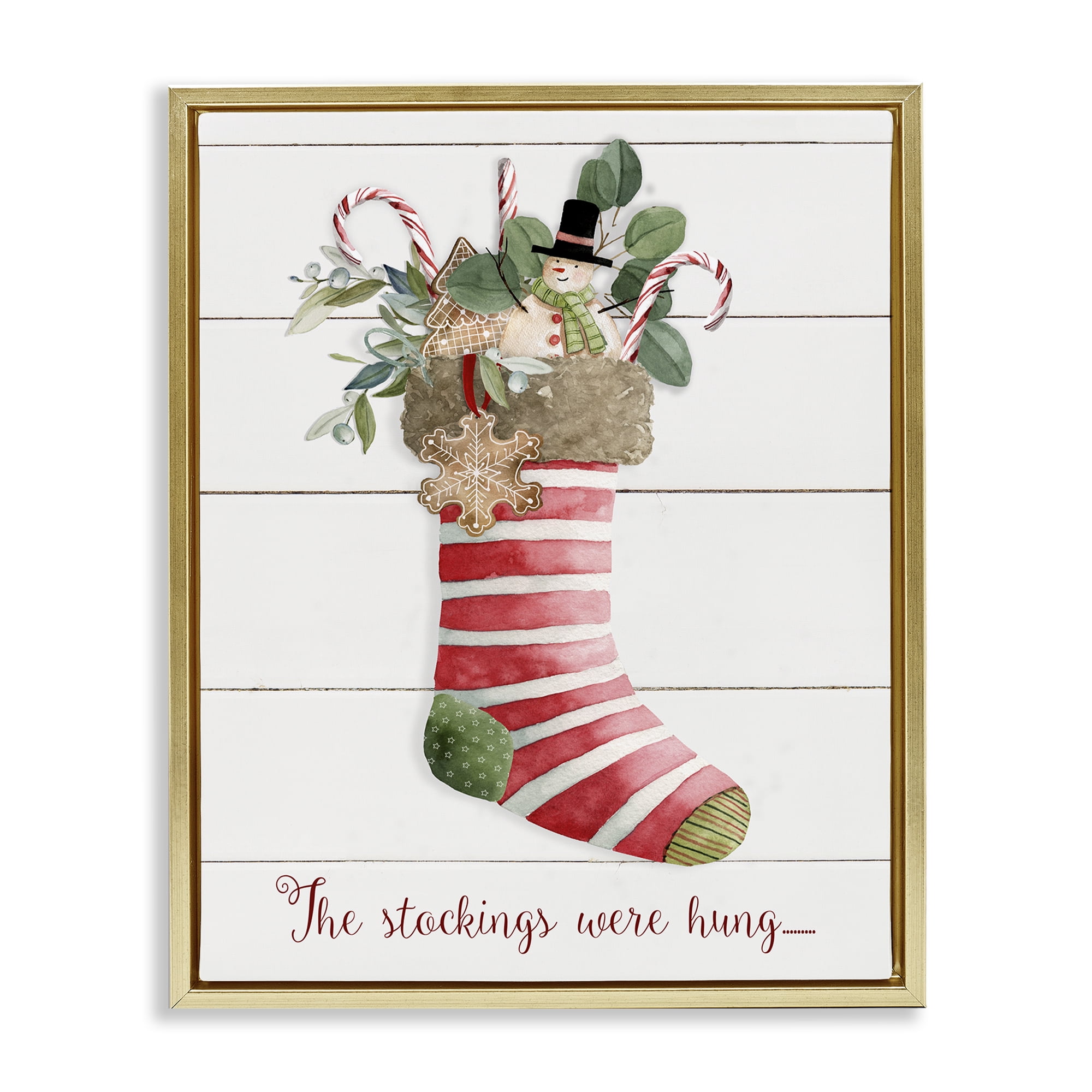 Stupell Industries Striped Christmas Stocking Holiday Painting Gold Floater Framed Canvas Art Prints Wall Art, 25 x 31