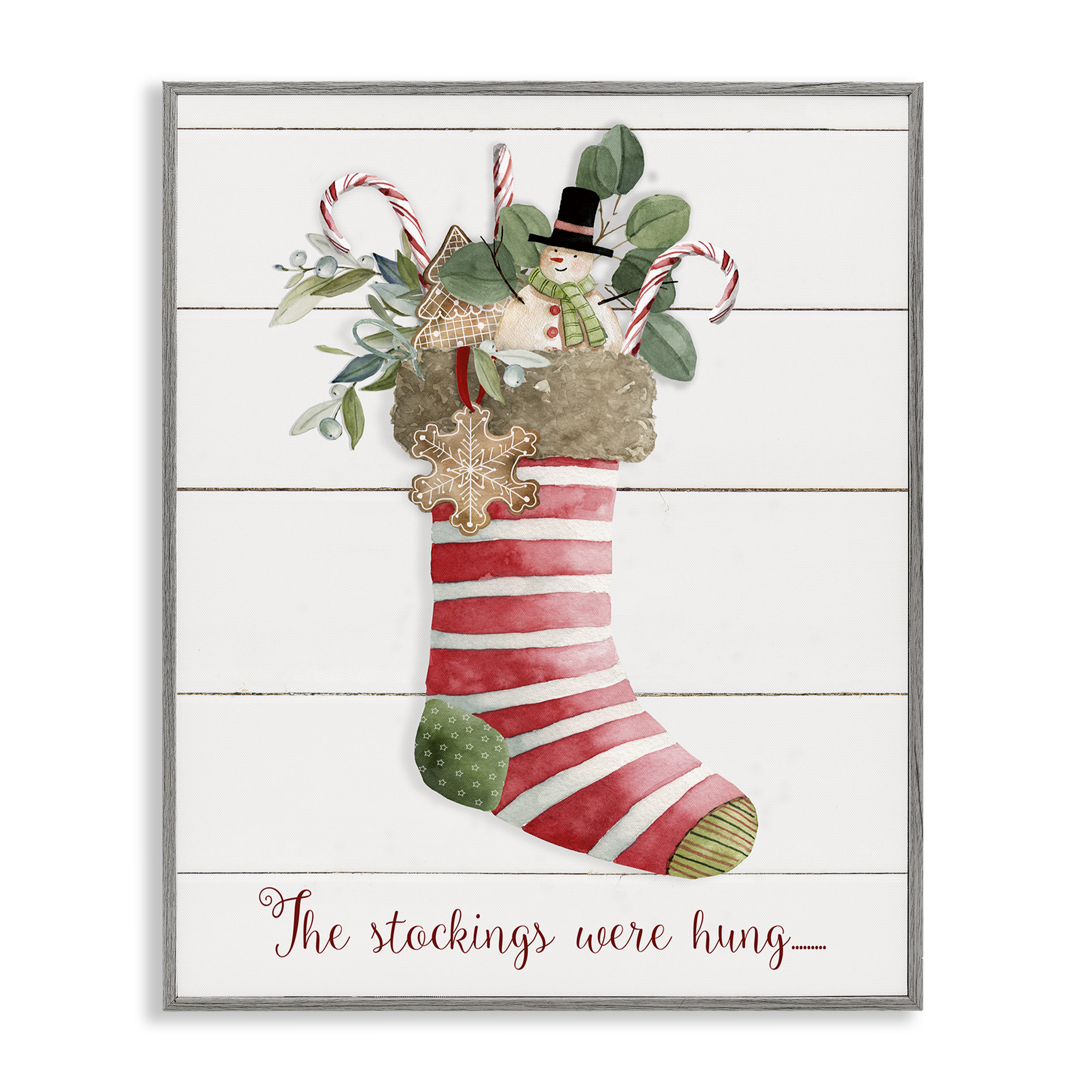 Stupell Industries Striped Christmas Stocking Holiday Painting Gray Framed Art Prints Wall Art, 11 x 14