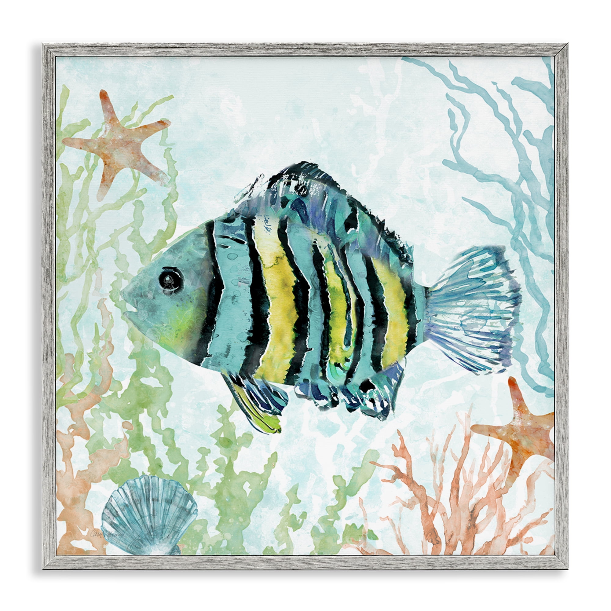 Stupell Industries Striped Fish Underwater Animals Painting Gray Framed Art Print Wall Art, 17 x 17