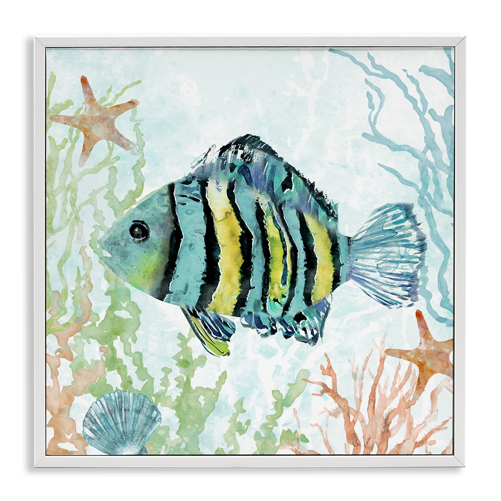 Stupell Industries Striped Fish Underwater Animals Painting White Framed Art Print Wall Art, 12 x 12