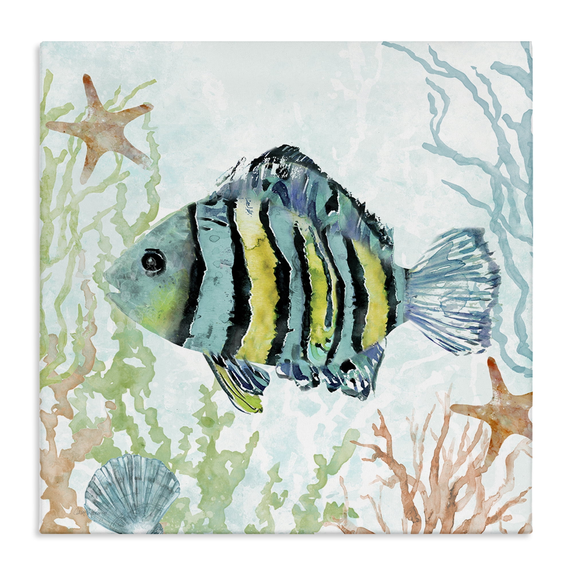 Stupell Industries Striped Fish Underwater Animals Painting Wrapped Canvas Art Print Wall Art, 17 x 17