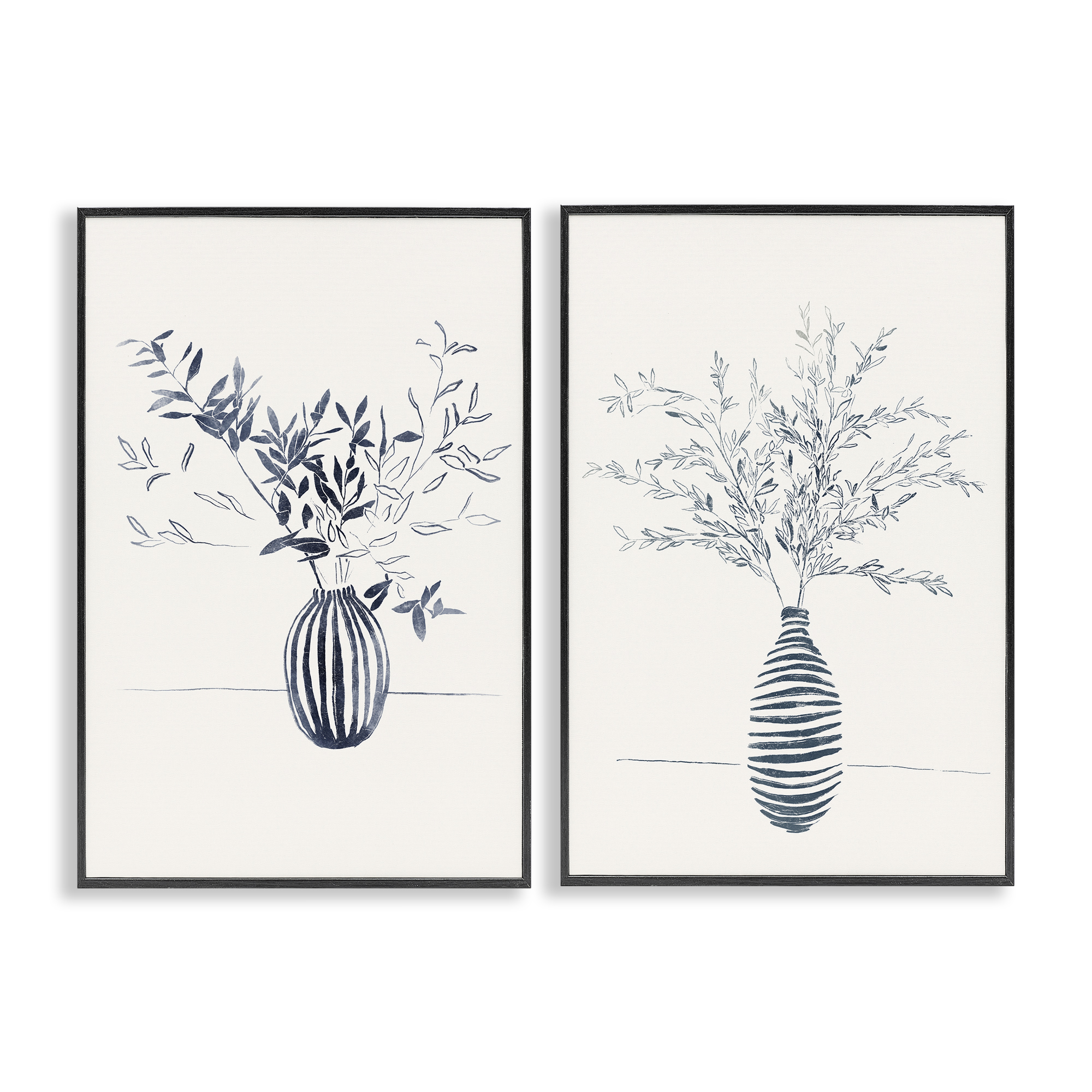 Stupell Industries Striped Floral Table Vase Plants & Flowers Drawing Black Framed Art Print Wall Art, 16 x 24, Set of 2