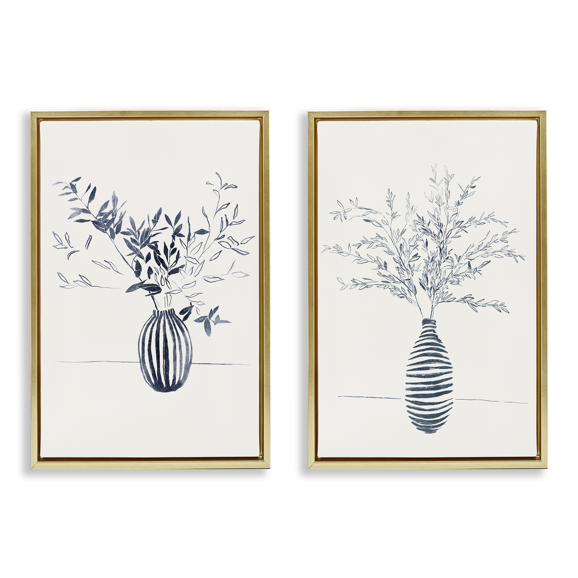 Stupell Industries Striped Floral Table Vase Plants & Flowers Drawing Gold Floater Framed Canvas Art Print Wall Art, 21 x 31, Set of 2