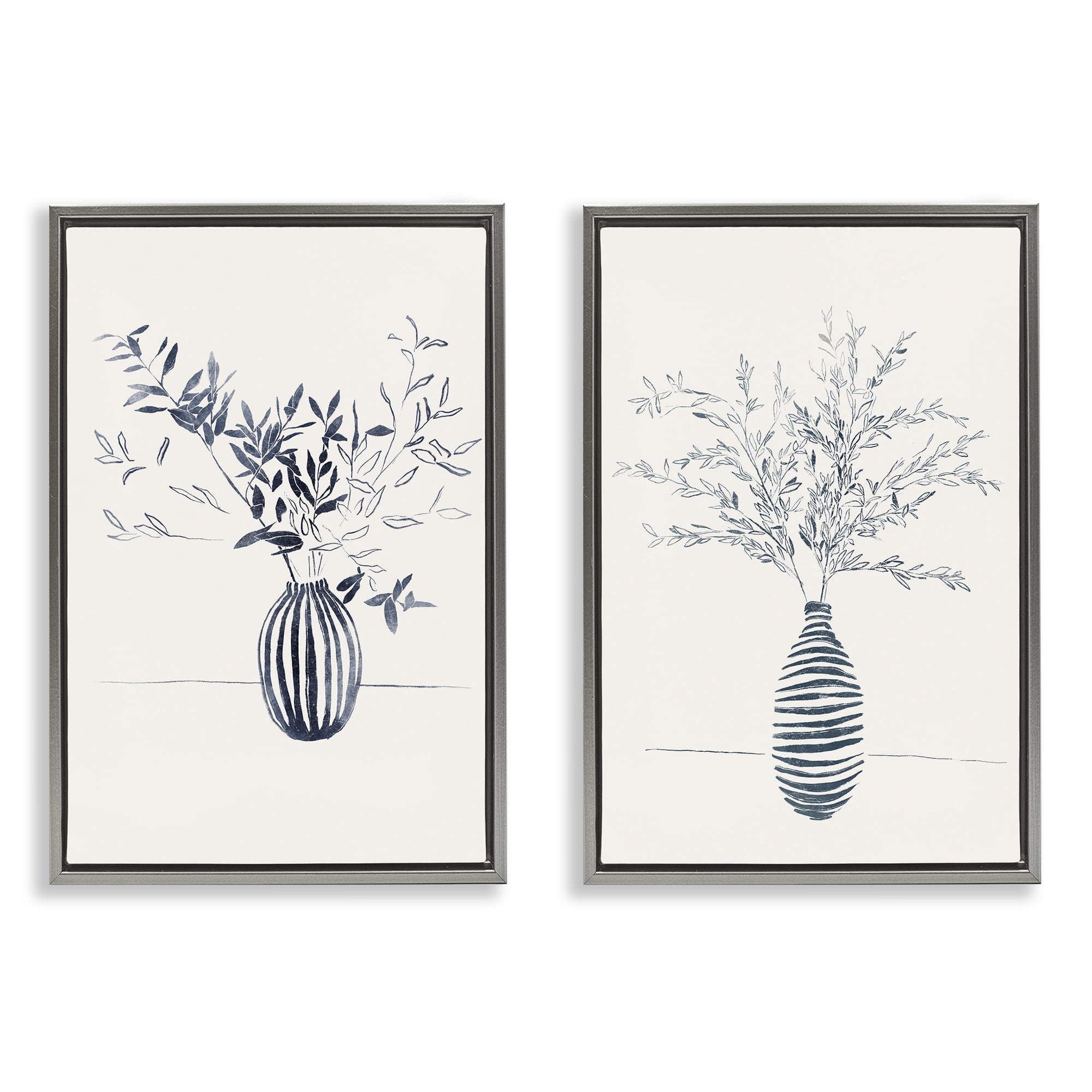 Stupell Industries Striped Floral Table Vase Plants & Flowers Drawing Gray Floater Framed Canvas Art Print Wall Art, 21 x 31, Set of 2