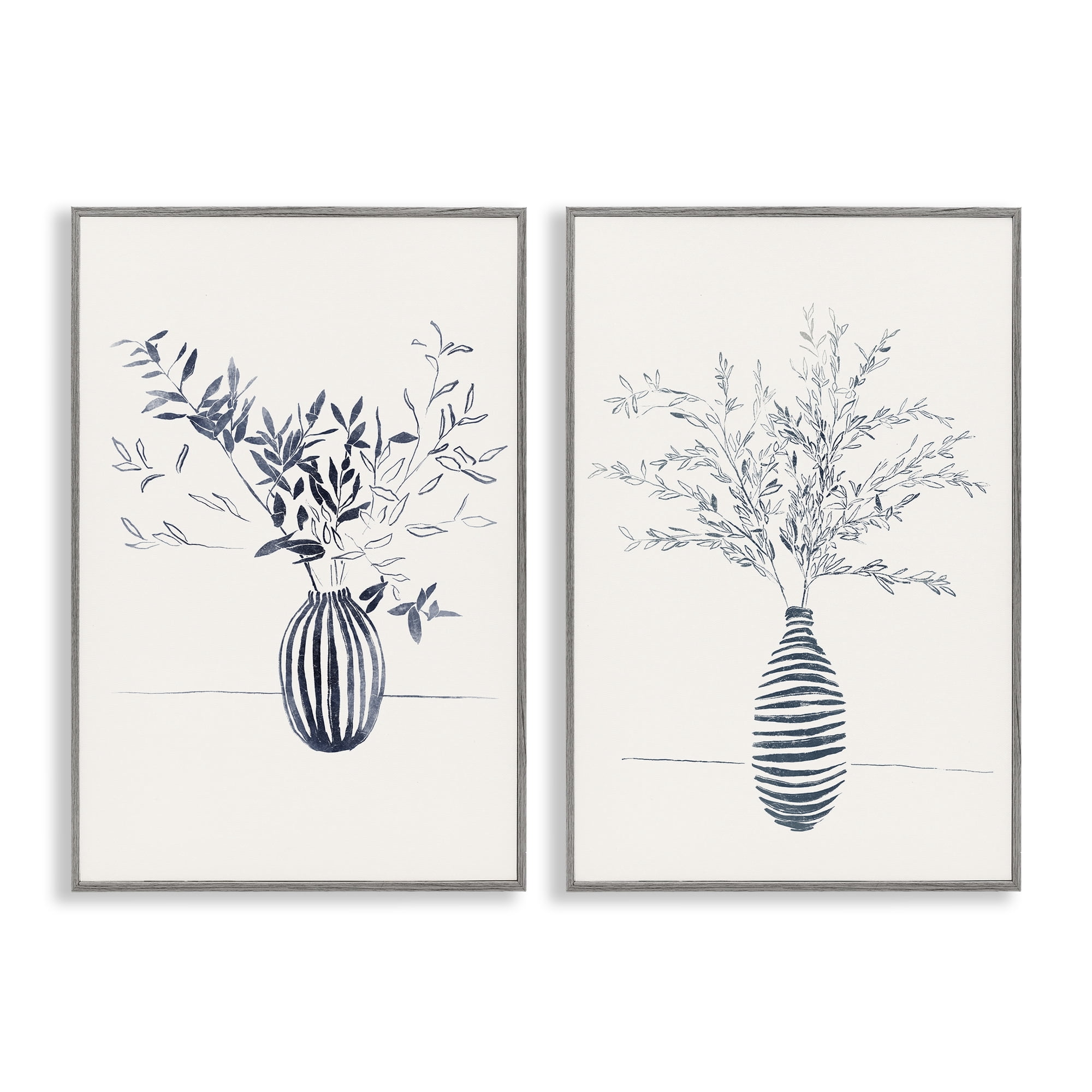 Stupell Industries Striped Floral Table Vase Plants & Flowers Drawing Gray Framed Art Print Wall Art, 12 x 18, Set of 2