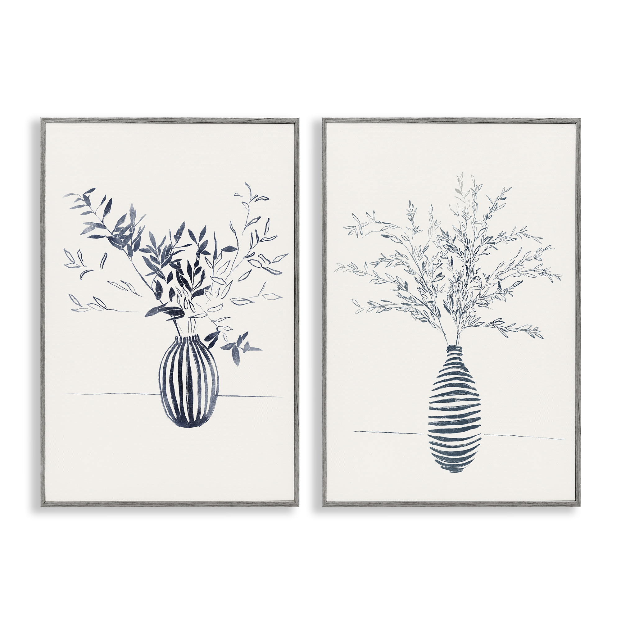 Stupell Industries Striped Floral Table Vase Plants & Flowers Drawing Gray Framed Art Print Wall Art, 20 x 30, Set of 2