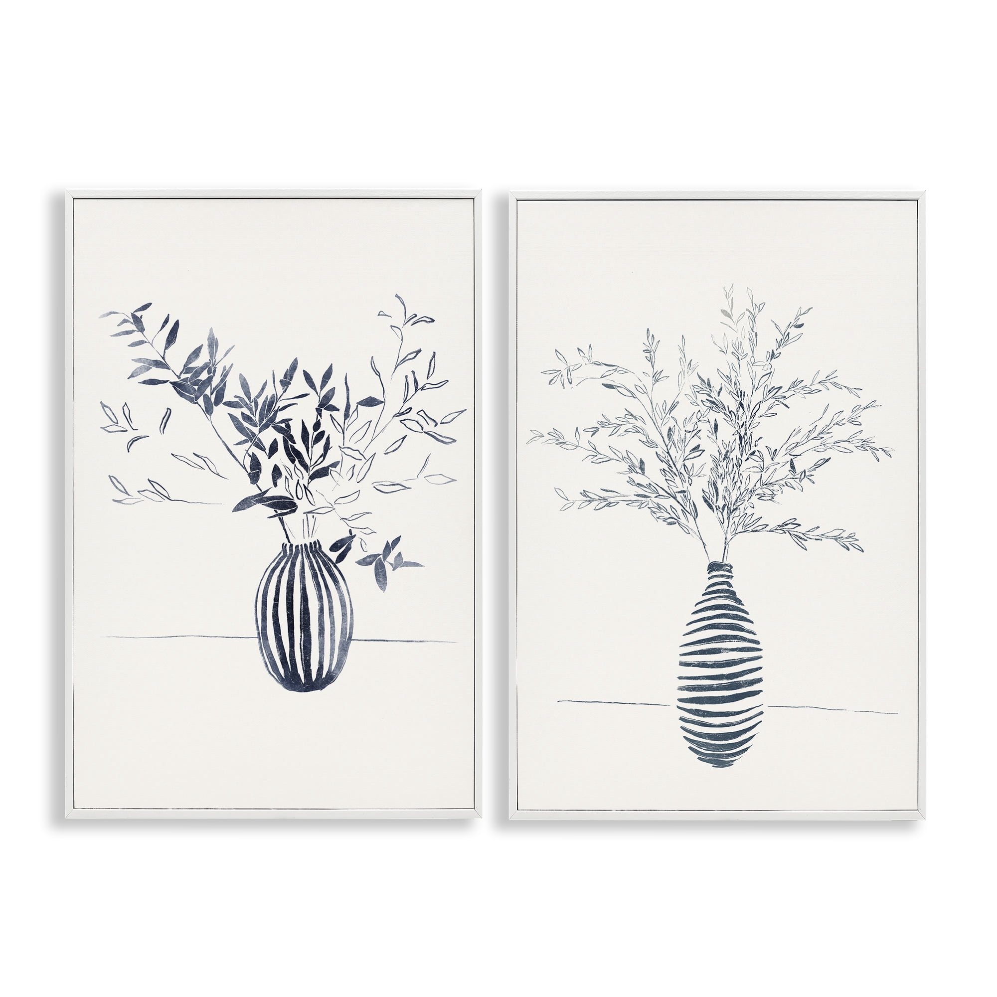 Stupell Industries Striped Floral Table Vase Plants & Flowers Drawing White Framed Art Print Wall Art, 16 x 24, Set of 2