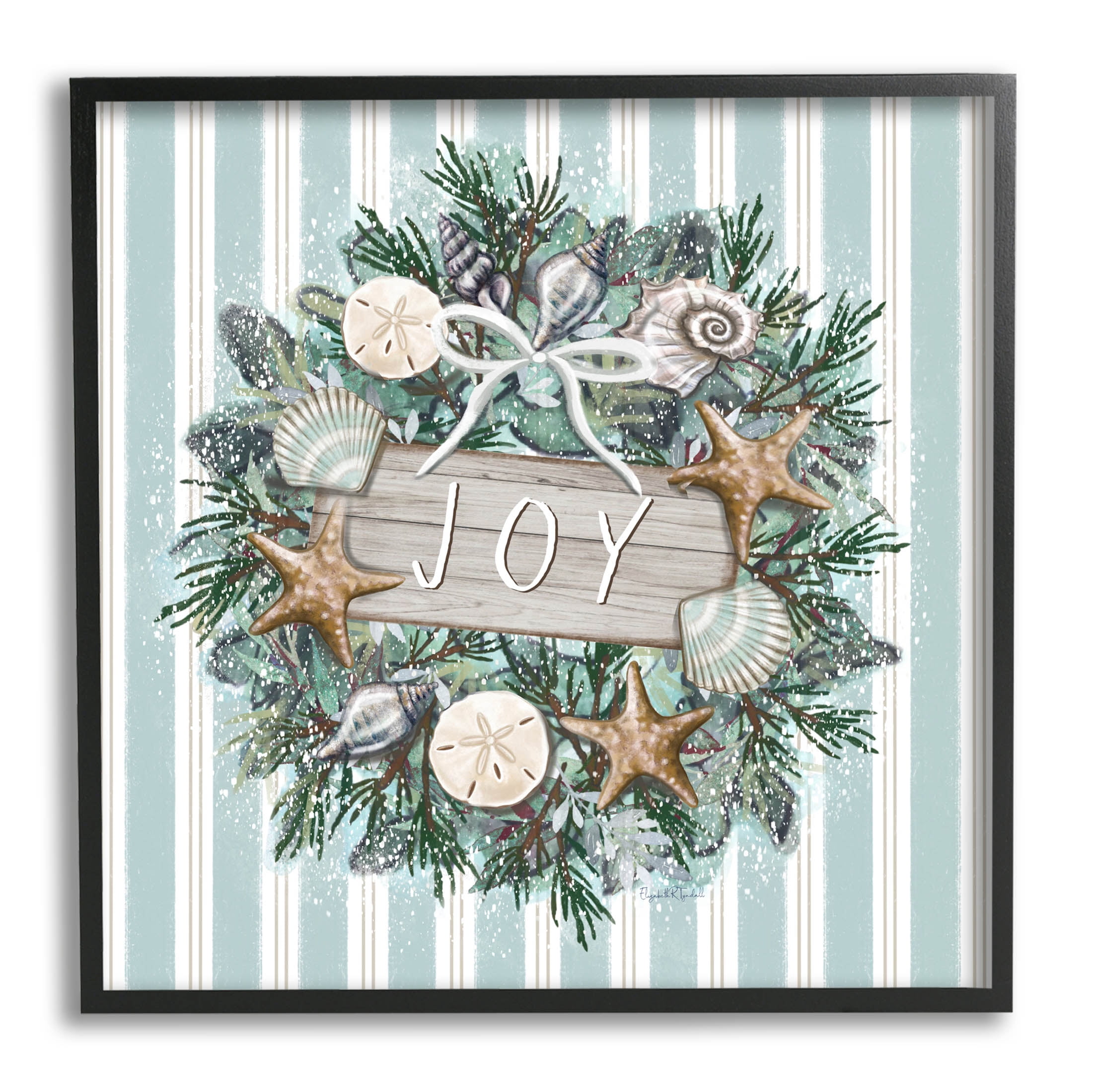 Stupell Industries Striped Joy Seashell Wreath Graphic Art Black Framed Art Print Wall Art, Design by Elizabeth Tyndall