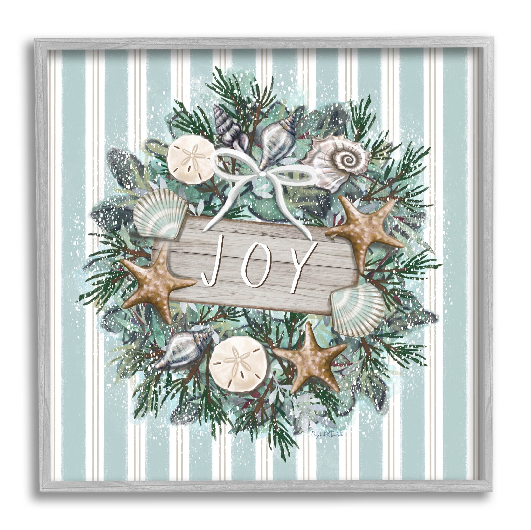 Stupell Industries Striped Joy Seashell Wreath Graphic Art Gray Framed Art Print Wall Art, Design by Elizabeth Tyndall