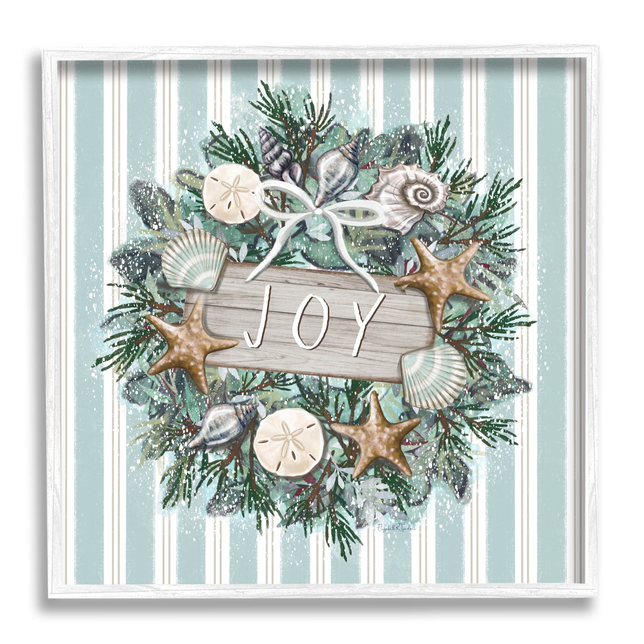 Stupell Industries Striped Joy Seashell Wreath Graphic Art White Framed Art Print Wall Art, Design by Elizabeth Tyndall
