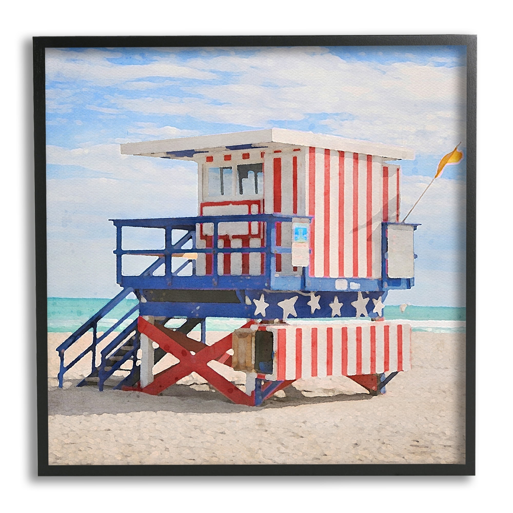 Stupell Industries Striped Lifeguard Hut Nature Painting Black Framed Art Print Wall Art, 17 x 17